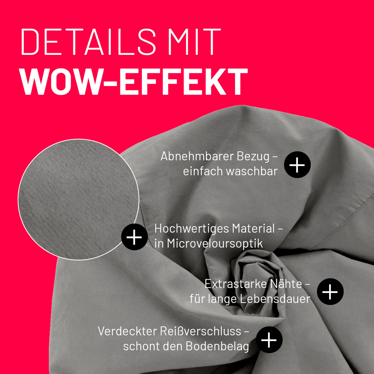 Luxury XL PLUS Sitzsack (220 L) Grau mit abnehmbarem Bezug, Microveloursoptik und extra starken Nähten für lange Lebensdauer.