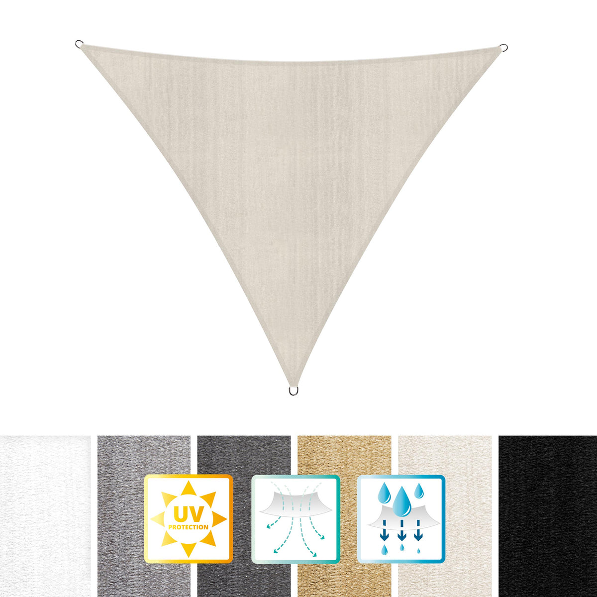 Sonnensegel 100% HDPE mit Stabilisator für UV-Schutz - Dreieck 3 x 3 x 3 Meter - Creme, robust und UV-beständig.