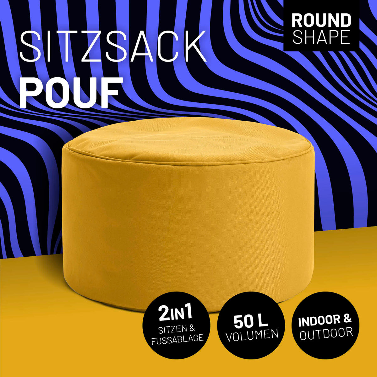 Sitzsack-Hocker/Pouf (50 L) - indoor & outdoor - Senfgelb, vielseitig nutzbar als Sitzhocker und Ablage, robust und pflegeleicht.