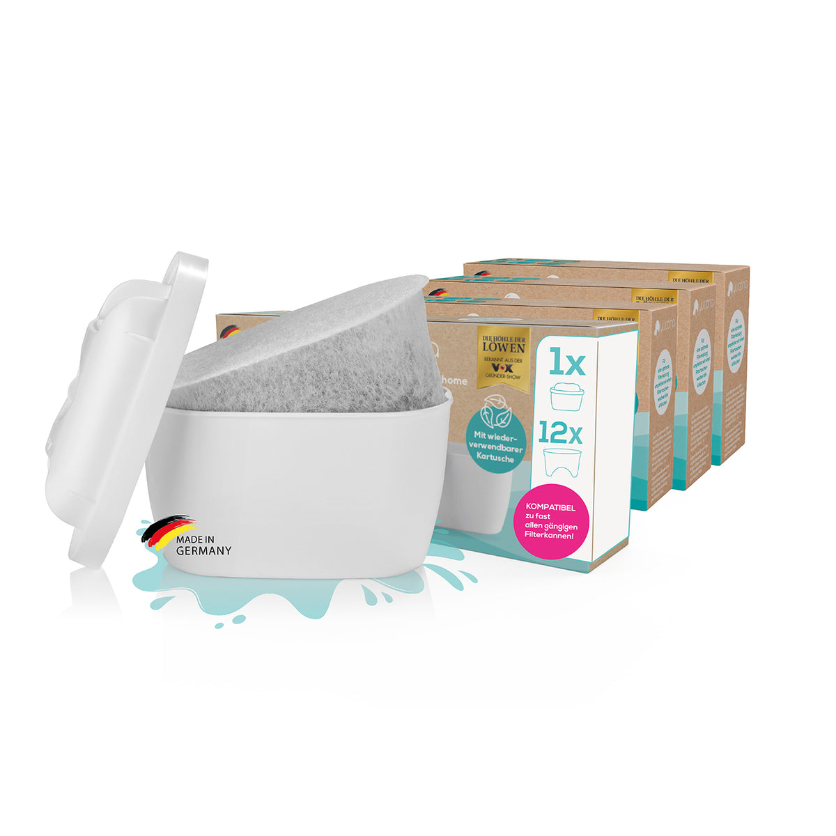 Wasserfilter Starter-Kit - Kartusche mit 12 Filtertaschen zur Reduktion von Kalk, Chlor und Metallen, wiederverwendbar, made in Germany.