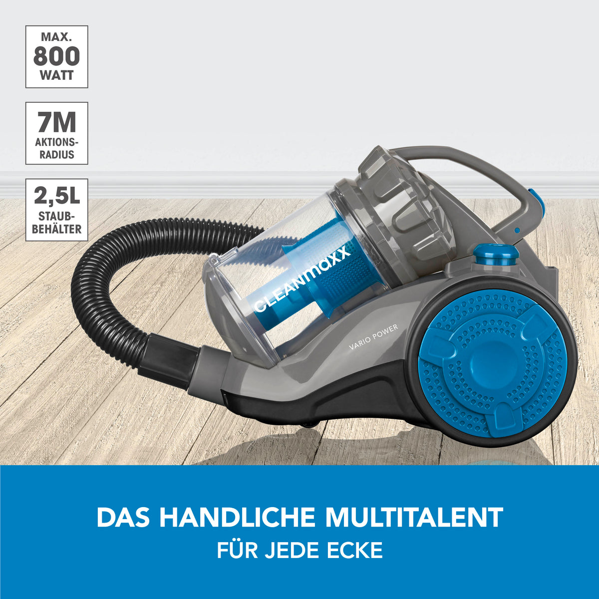 Multi-Zyklon-Staubsauger 800W schwarz/blau mit 2,5L Behälter, 7m Aktionsradius, handlich und vielseitig für jede Ecke.