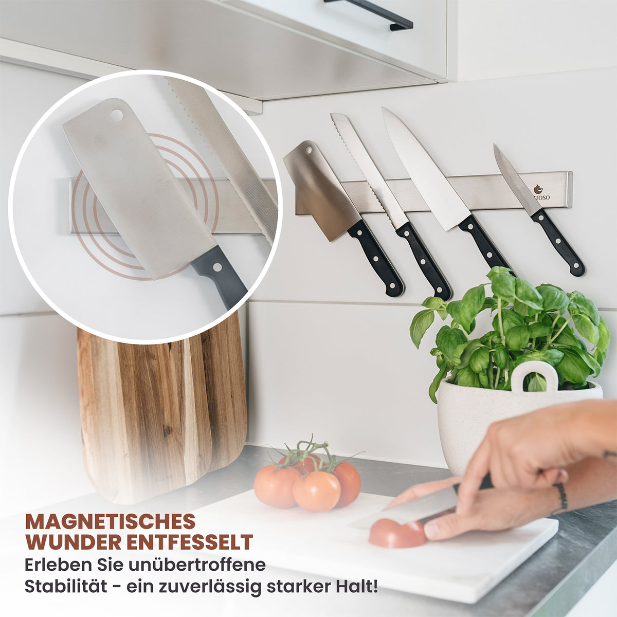 Edelstahl Magnetleiste für Messer - selbstklebend, starke Haftung, sichere Aufbewahrung von Messern in moderner Küche.