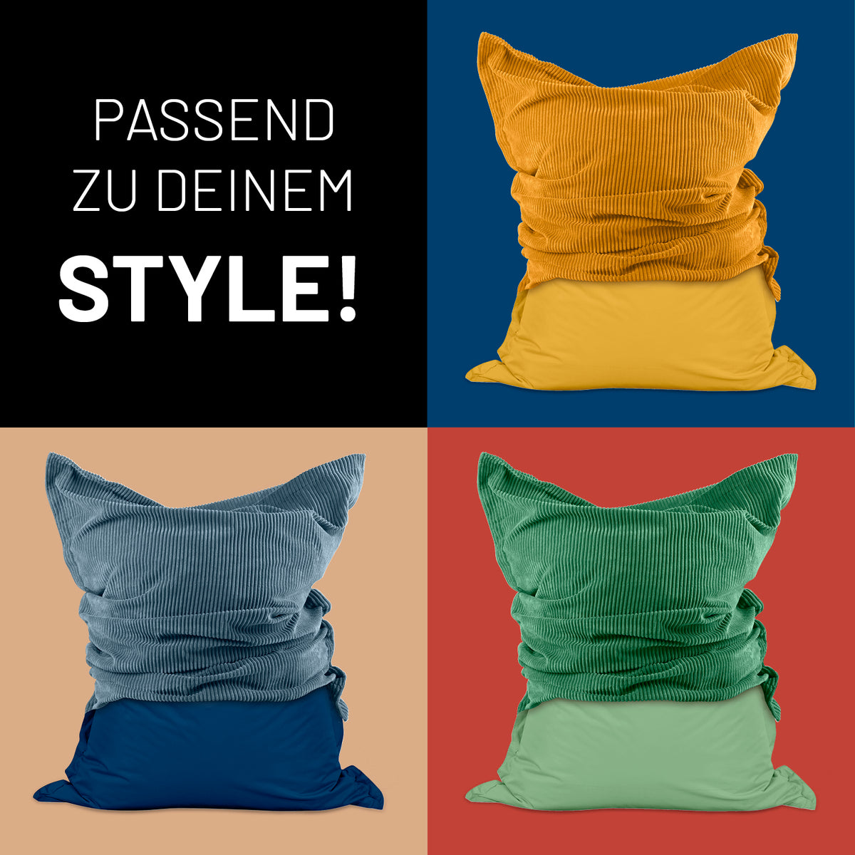 Sitzsack Classic XXL All-in-One Set - 380 L - 140 x 180 cm - Grau mit wechselbaren farbigen Cord-Bezügen in gelb, blau und grün.