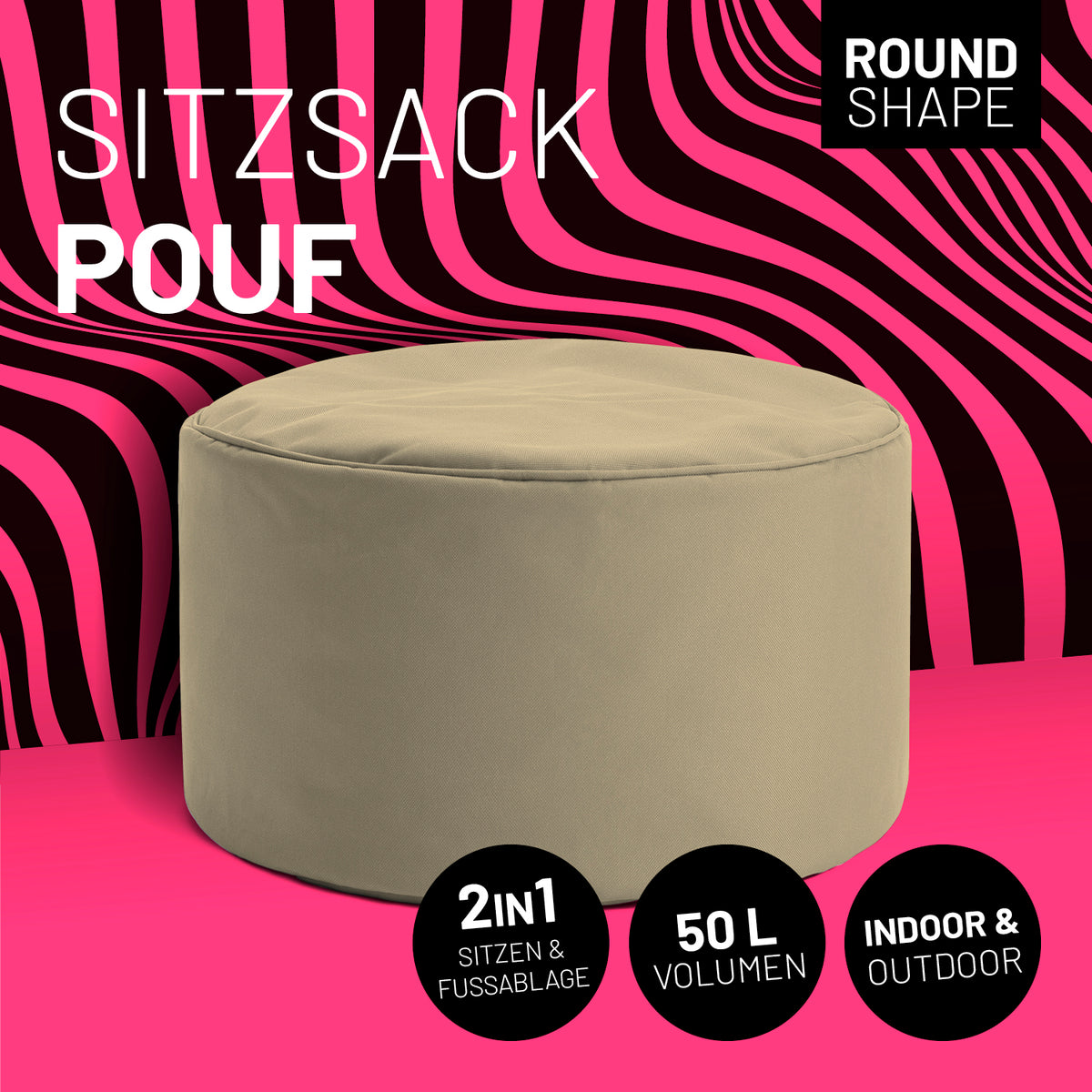 Sitzsack-Hocker/Pouf (50 L) - indoor & outdoor, beige, rund, vielseitig als Sitzhocker und Fußschemel nutzbar, pflegeleicht und langlebig.