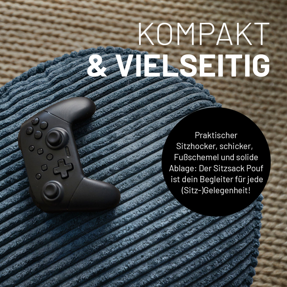 Sitzsack Pouf aus der Cord-Reihe - Navyblau mit geripptem Bezug, vielseitig als Hocker, Fußschemel und Ablage verwendbar.