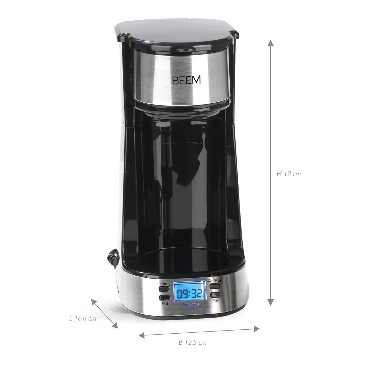 Single-Kaffeemaschine Thermo2Go 750 Watt Edelstahl/schwarz mit 24-Stunden-Timer und beleuchtetem LC-Display, kompakt und modern.