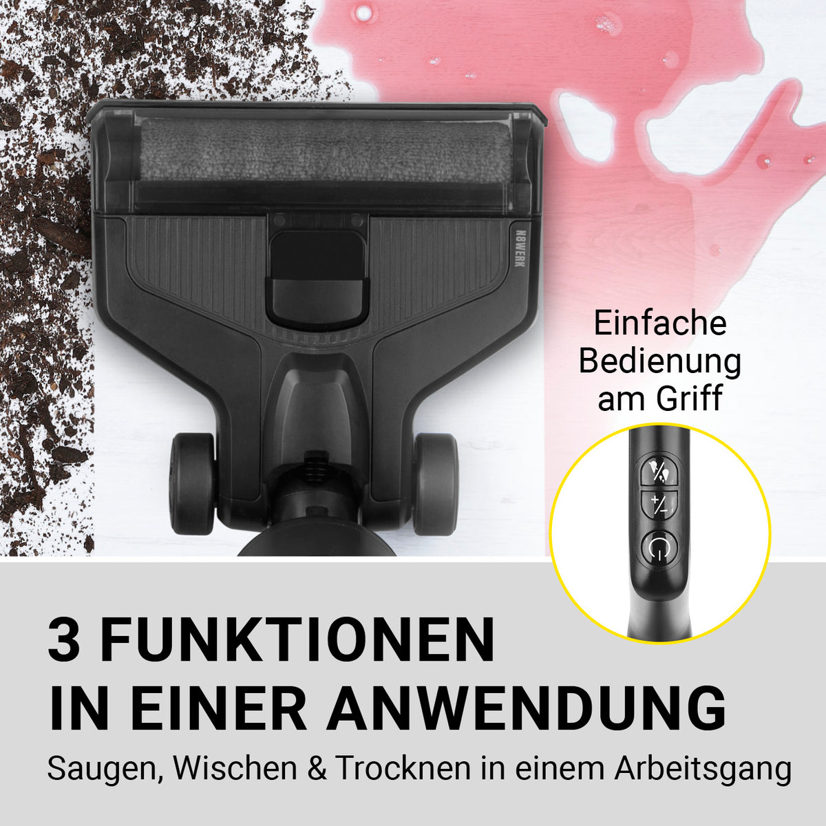 Saugwischer Smart Clean saugt, wischt und trocknet in einem Arbeitsgang mit einfacher Bedienung am Griff.