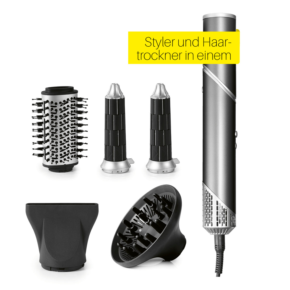 Hairstyler Flex mit 5 Aufsätzen, kompakt Styler und Haartrockner in einem für flexibles Haare stylen und trocknen.