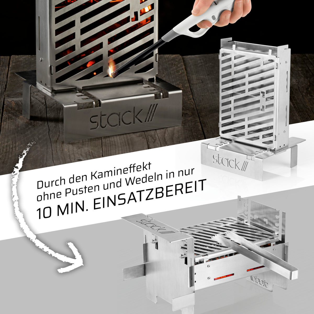 Grill und Feuerstelle mobiler Edelstahlgrill mit Kamineffekt, 10 Min Einsatzbereit, inkl. Grillzange und Transporttasche, ca. 2-5 Personen.
