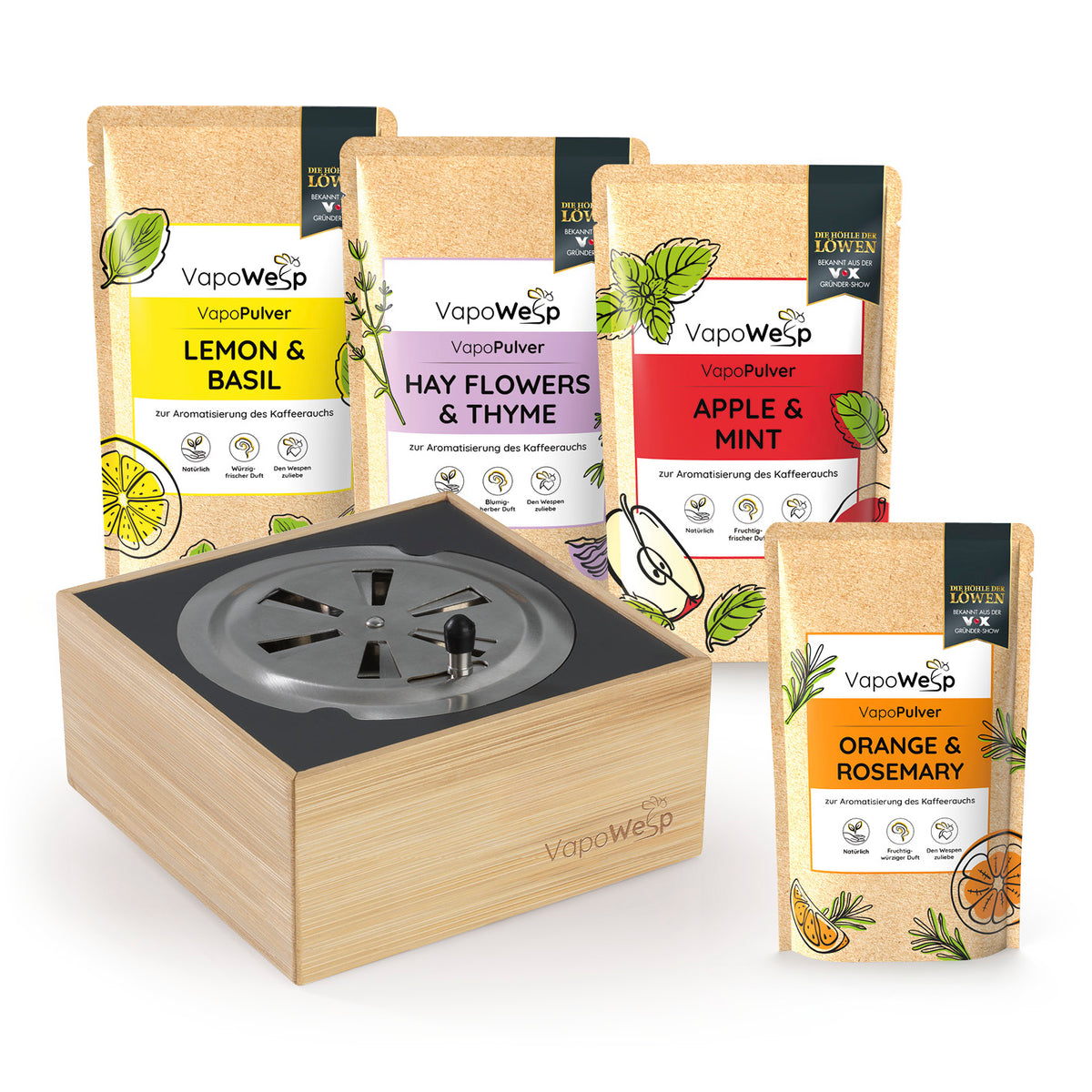 Räucherbox inkl. Orange & Rosemary (50 g), Lemon & Basil (100 g), Hay Flowers & Thyme (100 g), Apple & Mint (100 g)