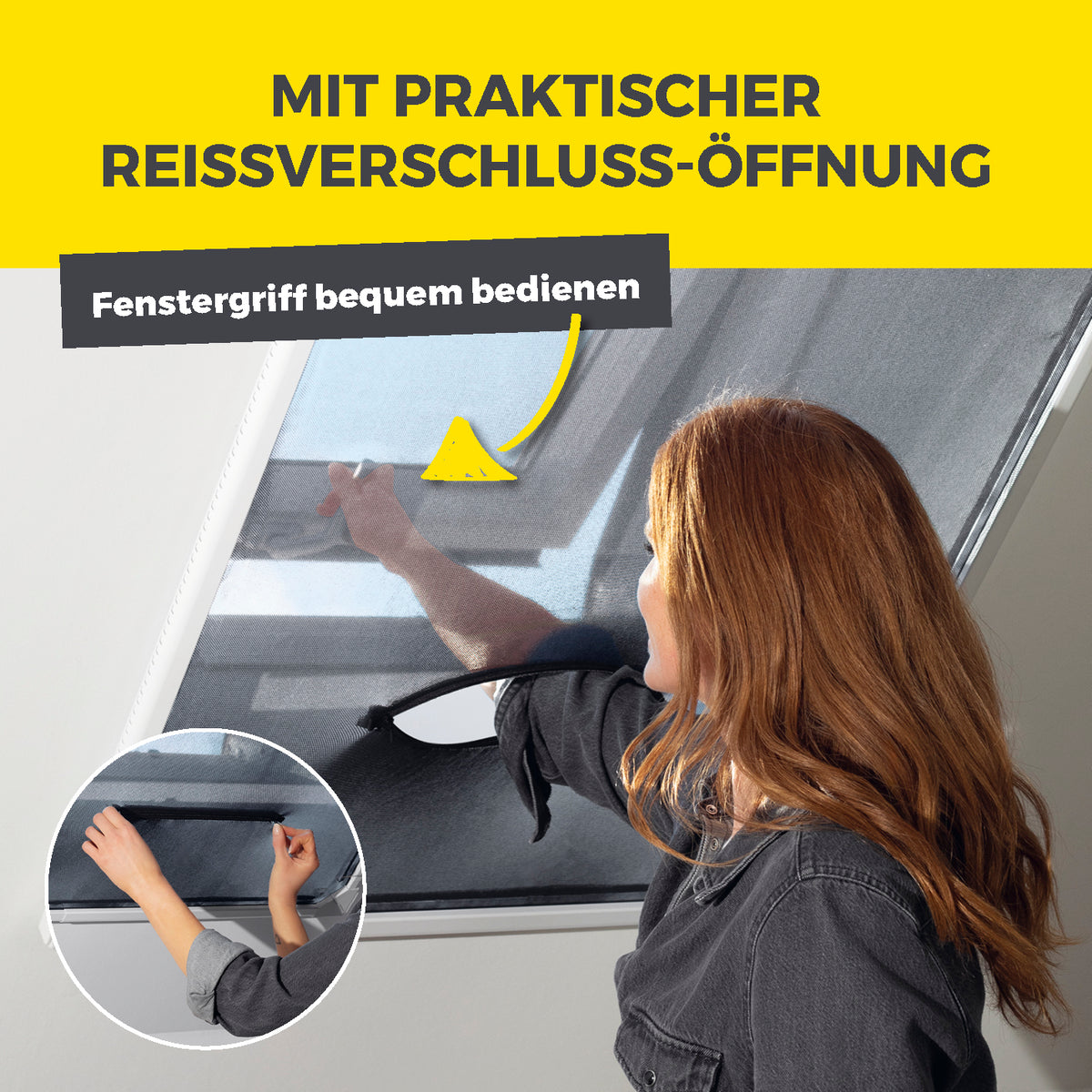Teleskop-Insektenschutzgitter für Dachfenster - 100 x 160 cm mit praktischem Reißverschluss und bequem erreichbarem Fenstergriff.
