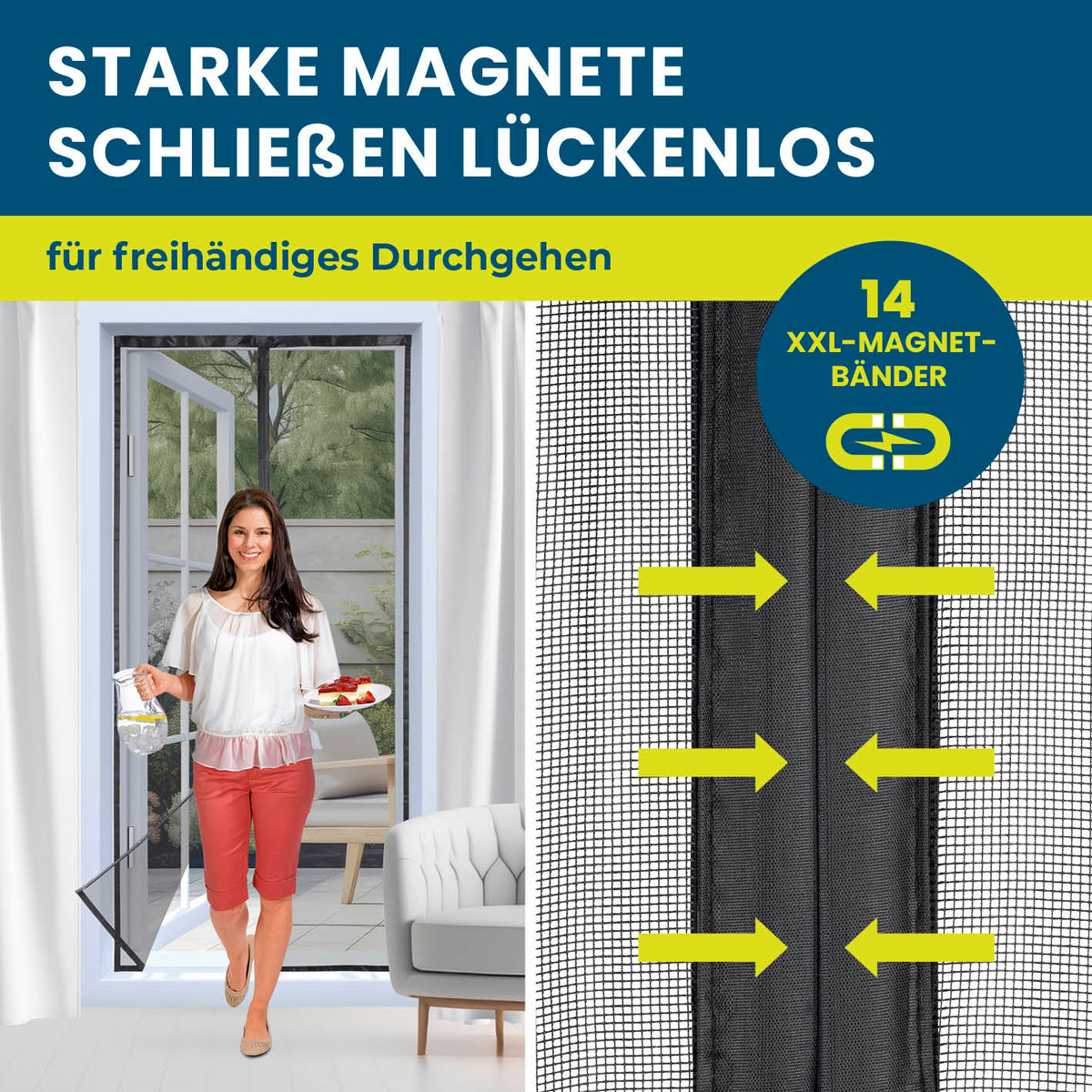Insektenschutzvorhang - mit XXL-Magnetbändern - 100 x 210 cm mit 14 Magnetstreifen für lückenlosen Schutz vor Insekten.