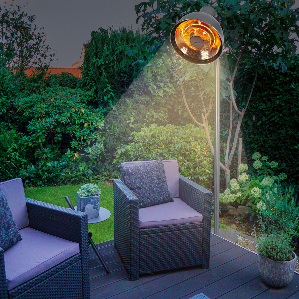 Infrarot-Heizstrahler mit Standfuß im Garten, Carbon-Infrarot-Technologie, verstellbarer Lampenkopf, 3 Heizstufen, Fernbedienung.
