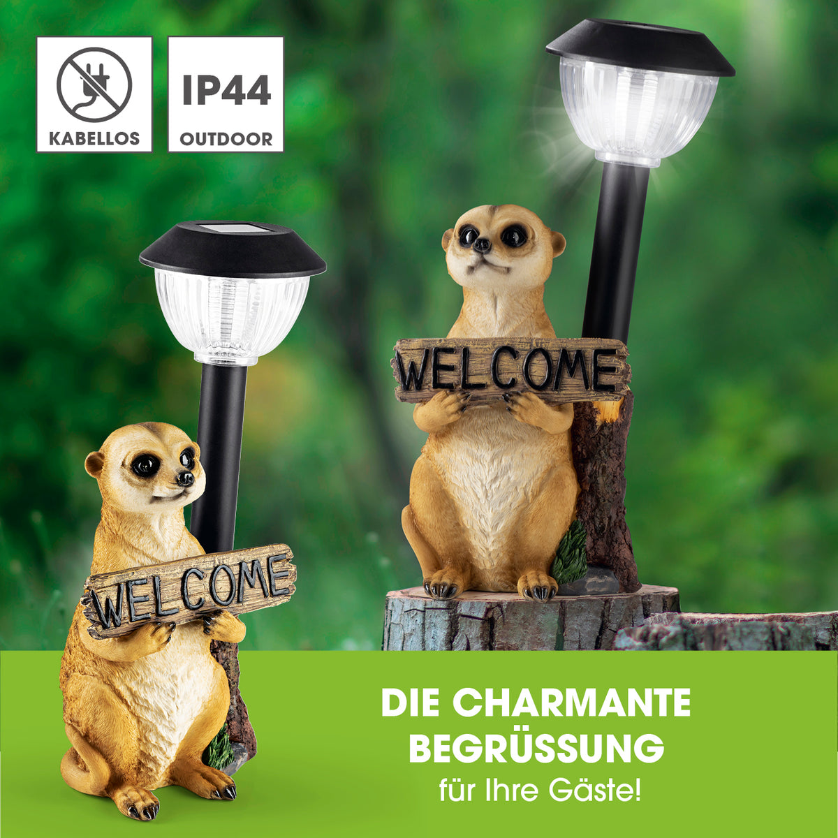 Solarleuchte Erdmännchen mit Laterne/Schild, detailgetreu gestaltet, mit Solar-LED, Welcome-Schild und Dämmerungssensor für den Außenbereich.