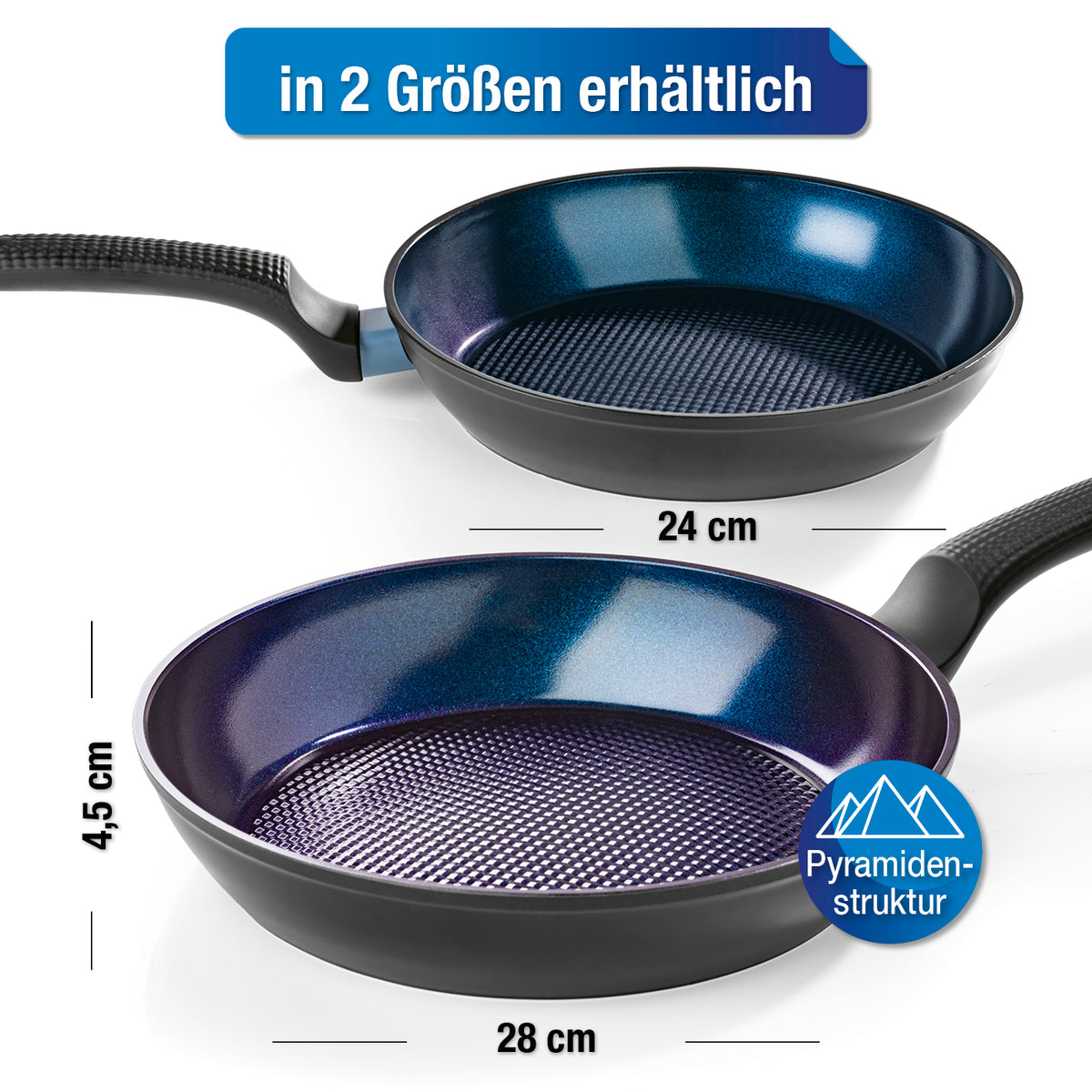 Aluminium-Bratpfanne Ø 28 cm mit Keramik-Antihaftbeschichtung und Pyramidennoppenboden für alle Herdarten, blauer Diamant-Pulverbeschichtung.