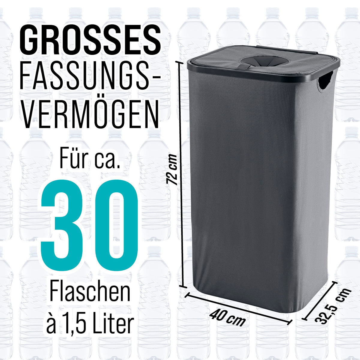 Pfandflaschen-Sammelbehälter - Anthrazit, platzsparend, wasserabweisend, 100 l Fassungsvermögen, für ca. 30 Flaschen à 1,5 Liter.
