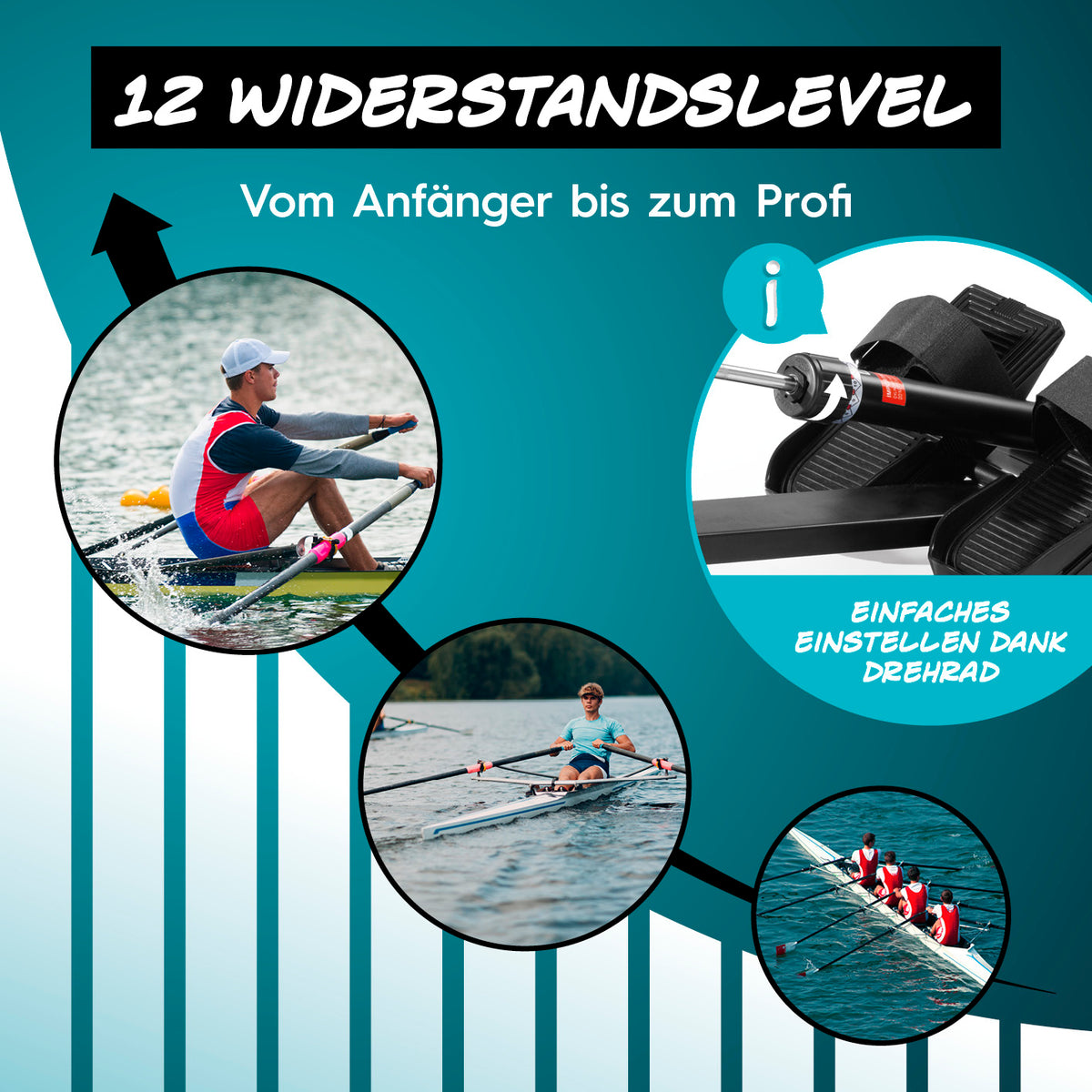 Klapp-Rudergerät mit 12 Widerstandsstufen, einfach einstellbar, ideal für Anfänger bis Profi, effektives Ganzkörpertraining.