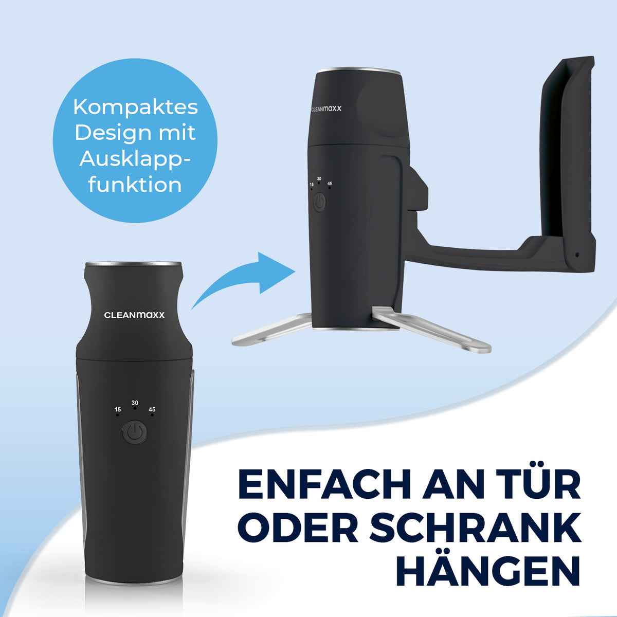 Hemdenbügler PRO KOMPAKT schwarz/silber mit klappbarem Design, ideal zum Aufhängen an Tür oder Schrank für platzsparendes Bügeln.