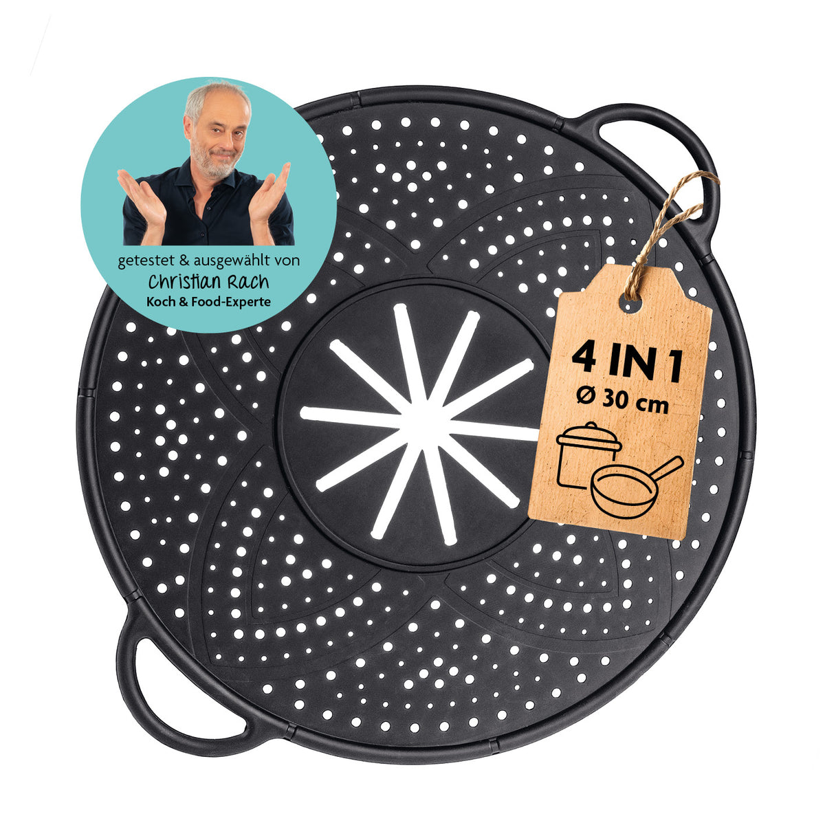 Silikon Spritzschutz 4-in-1 Ø 30 cm als Spritzschutz, Dampfgarer, Untersetzer und Abgießhilfe für Töpfe bis 30 cm Durchmesser.