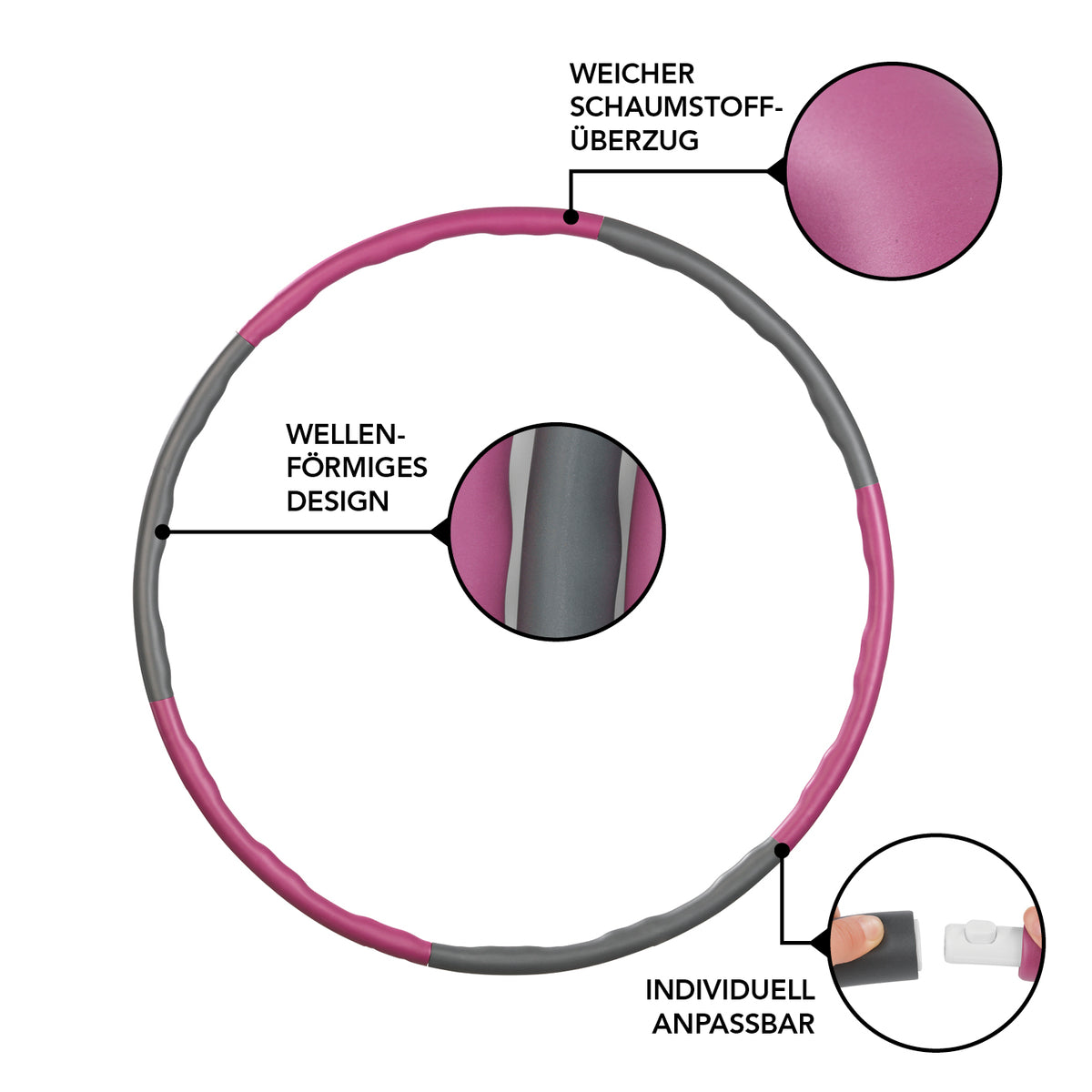 Hula Hoop Reifen verstellbar - 100 cm - lila mit wellenförmigem Design, weichem Schaumstoff und individuell anpassbar durch 6 Elemente.