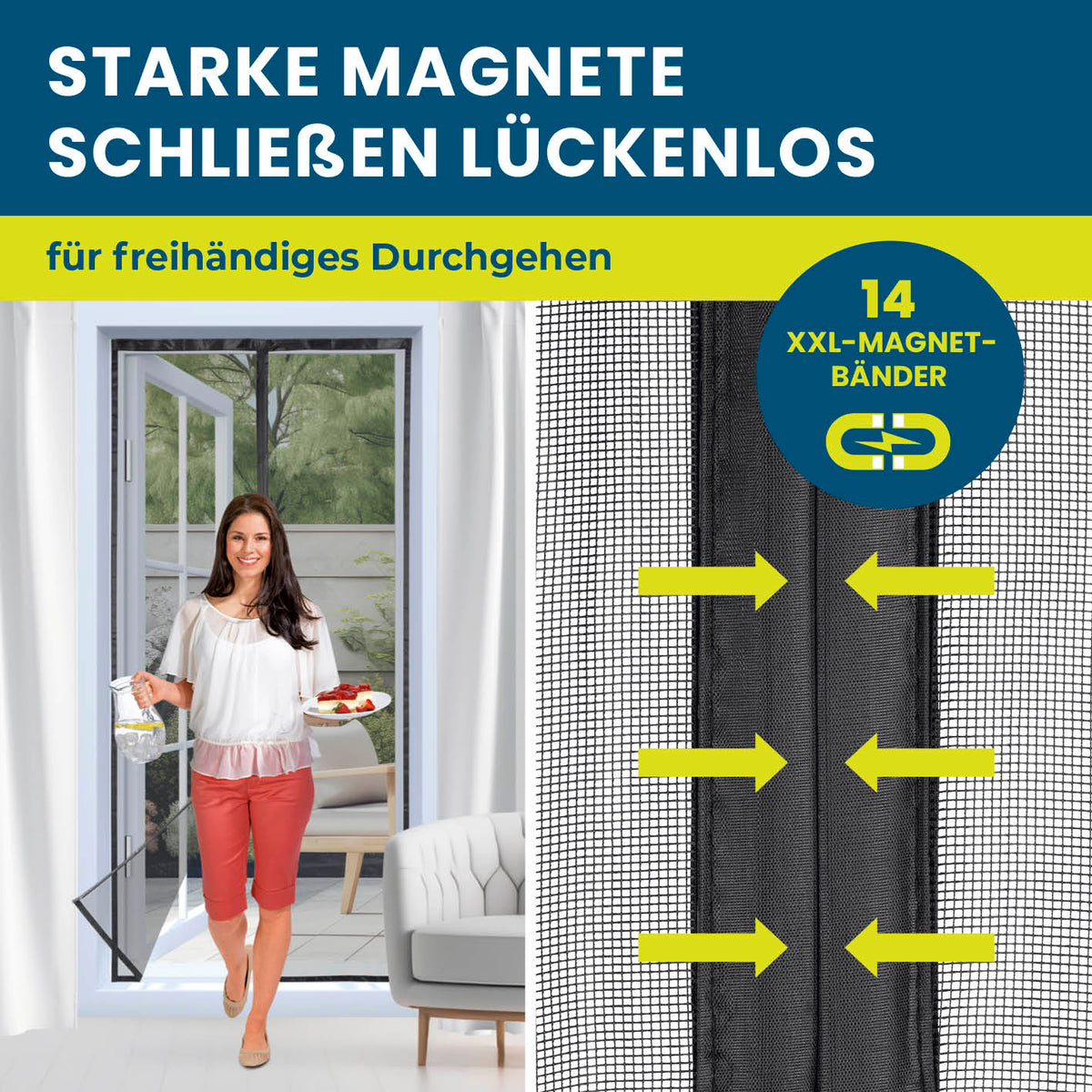 Insekten- & Pollenschutzvorhang – 90 x 210 cm mit 14 XXL-Magnetbändern für selbstständiges Schließen und effektiven Insekten- und Pollenschutz.