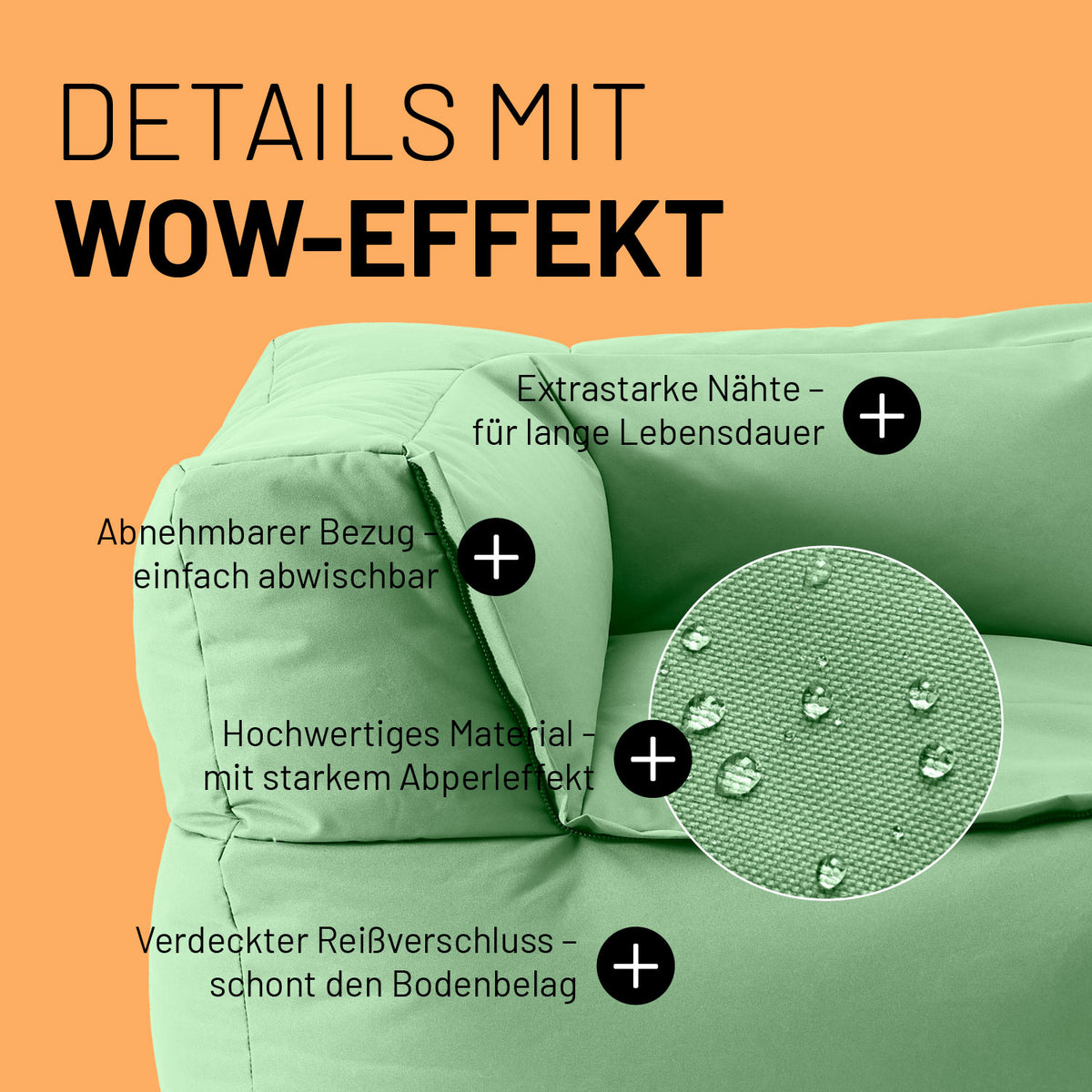 Sitzsack-Sofa Ecke (340 L) - Modulares System - indoor & outdoor - Pastell Grün mit abnehmbarem Bezug, Abperleffekt und verdeckten Reißverschlüssen.