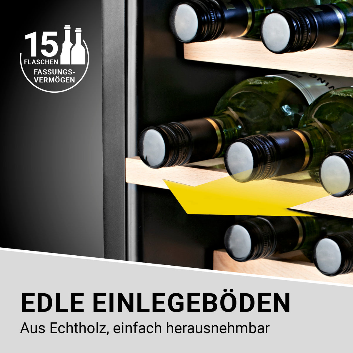Weinkühlschrank - 15 Flaschen mit edlen Einlegeböden aus Echtholz, einfach herausnehmbar für stilvolle Weinlagerung.