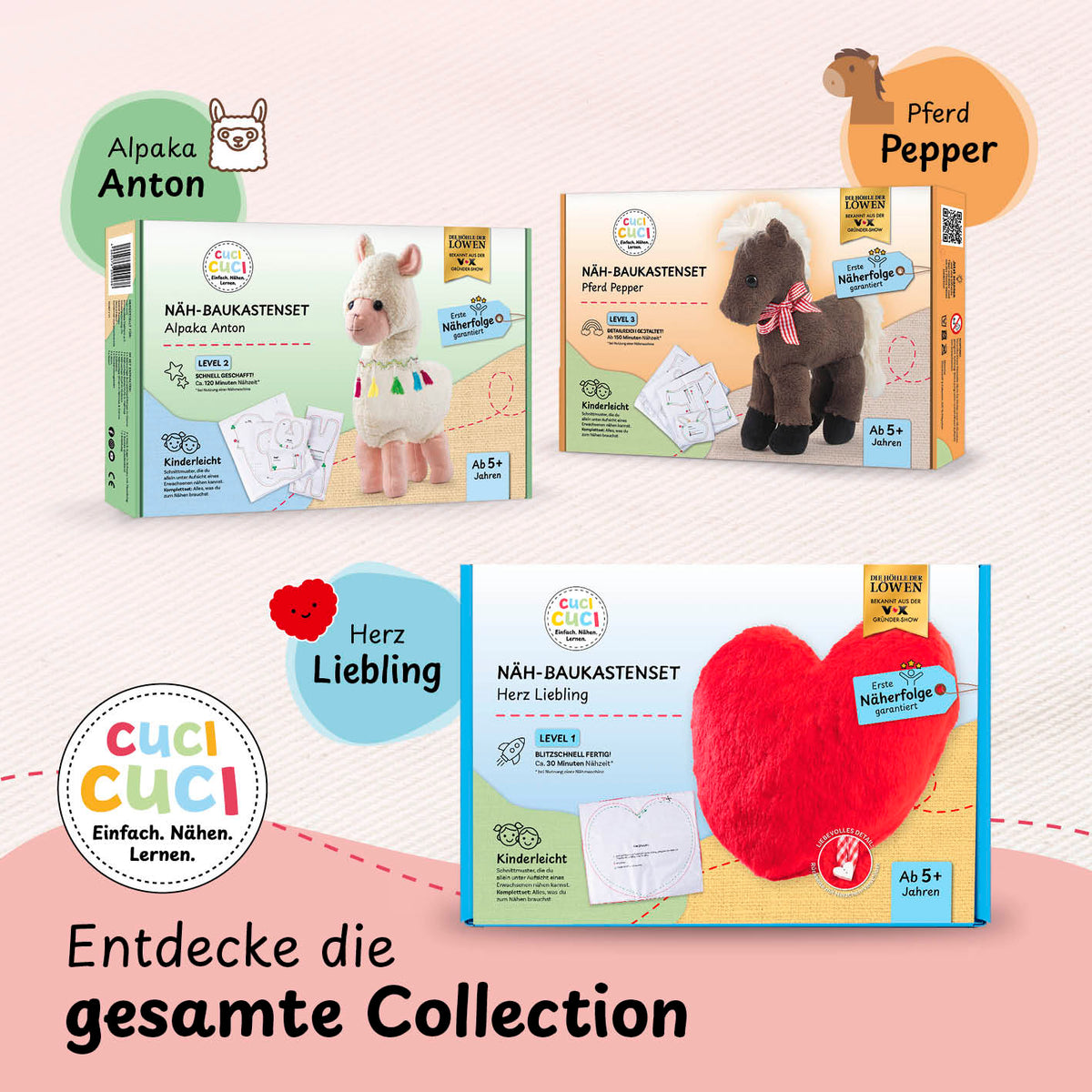 Näh-Baukastenset Motiv Einhorn Elly von cuci cuci – kinderleicht Nähen lernen mit kompletter Anleitung und Materialien.