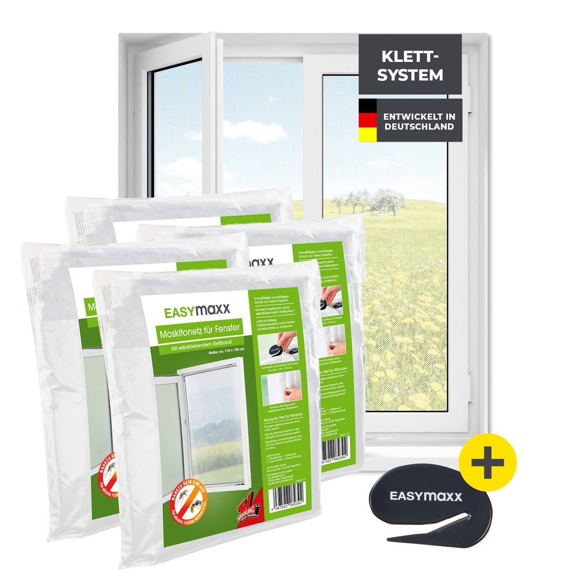 Moskitonetz für Fenster mit selbstklebendem Klettband - 4er-Set - 110 x 130 cm - Weiß, schützt effektiv vor Insekten.