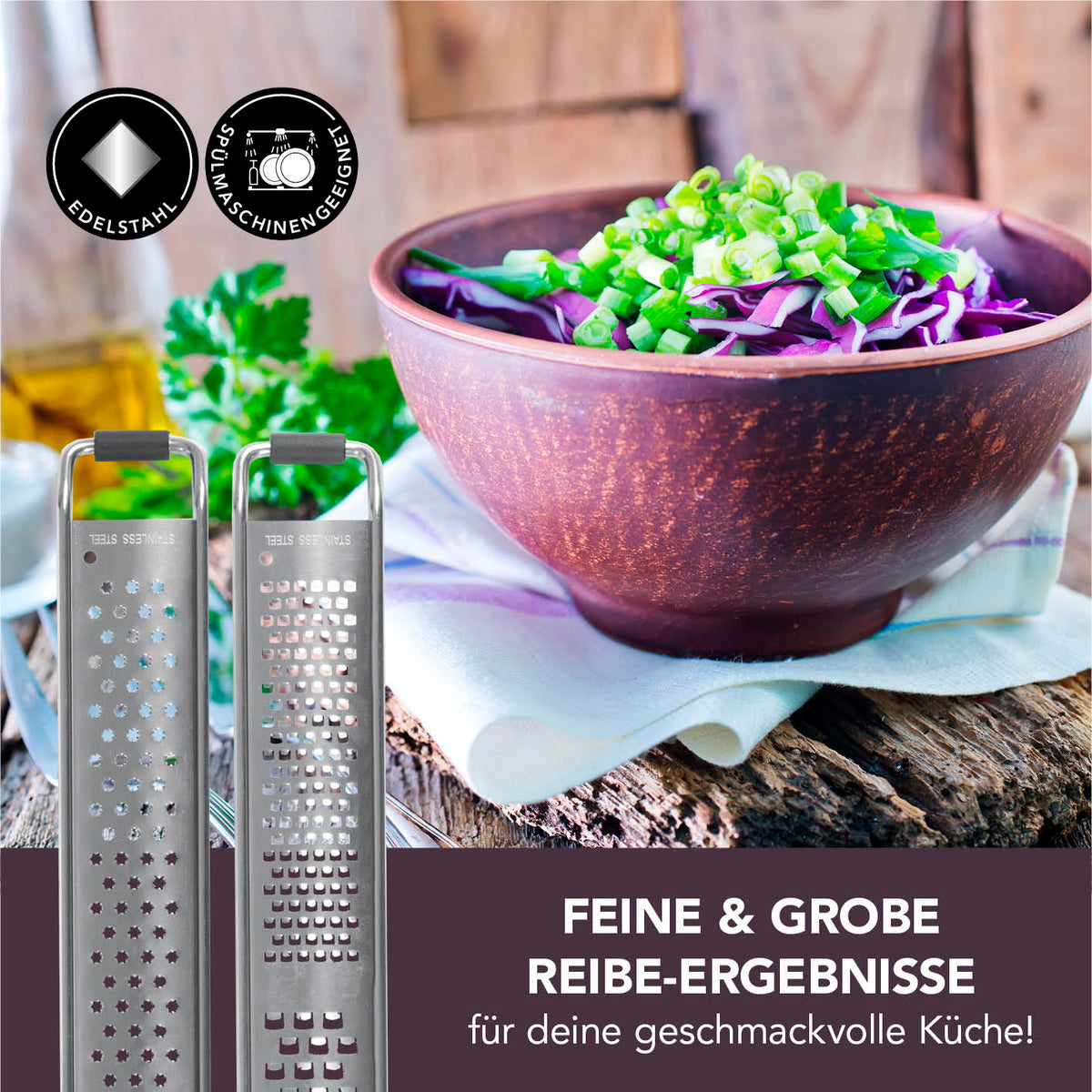 Zester Reibe - 2er-Set mit scharfen Edelstahlzacken und Griff, für feine und grobe Reibe-Ergebnisse, spülmaschinengeeignet.