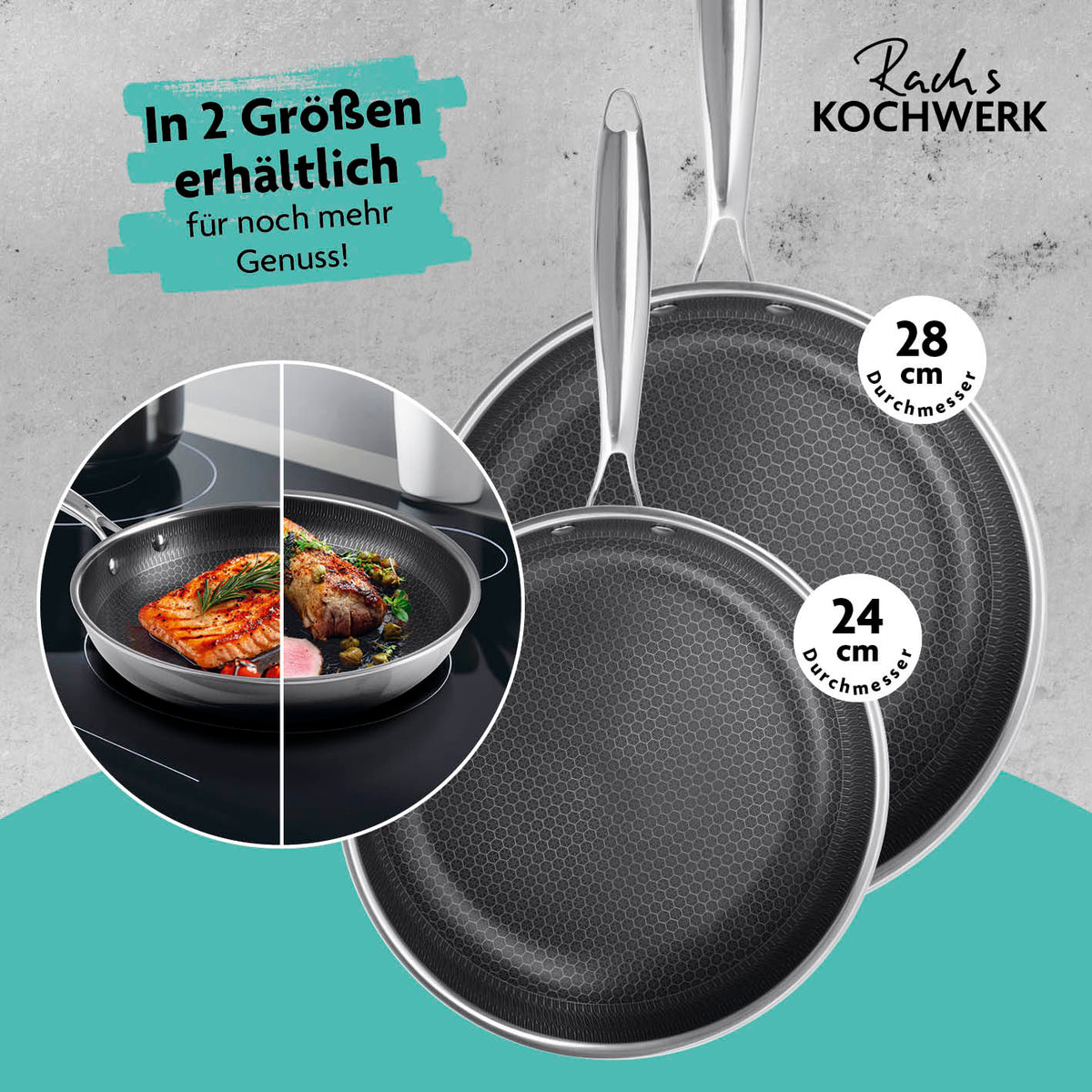 Edelstahl-Pfanne mit Wabenstruktur Ø 24 cm, kratzfest, antihaftbeschichtet, geeignet für alle Herdarten, hitzebeständig bis 210°C.
