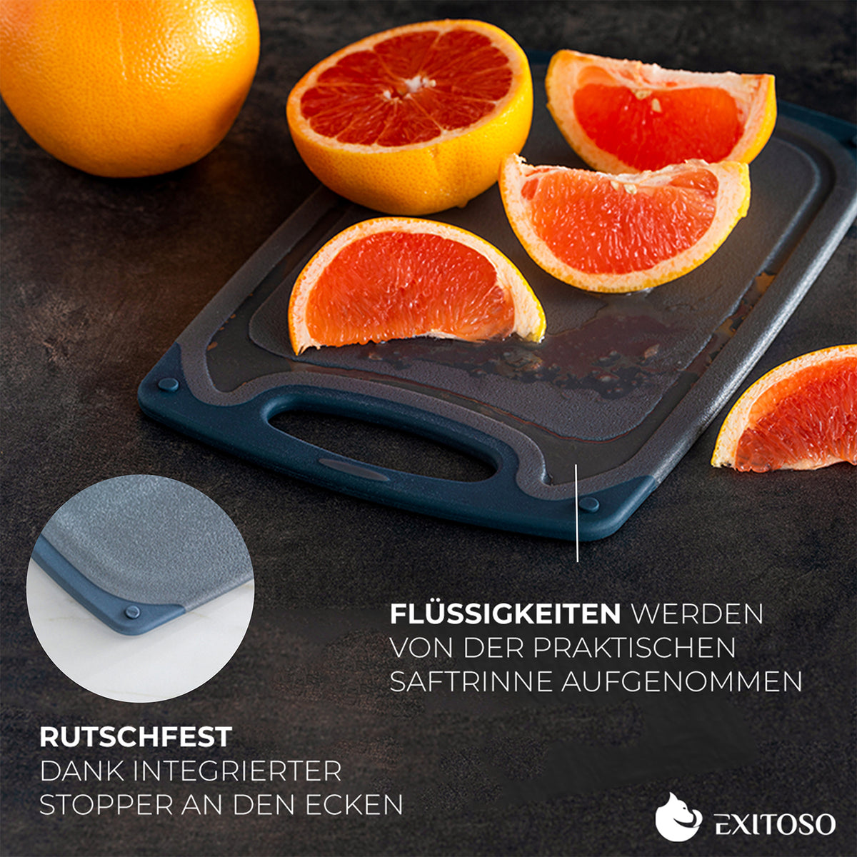 Frühstücksbrettchen - 3er-Set - Marmoroptik Schwarz mit Saftrinne und rutschfestem Design für sicheres Schneiden und Servieren.