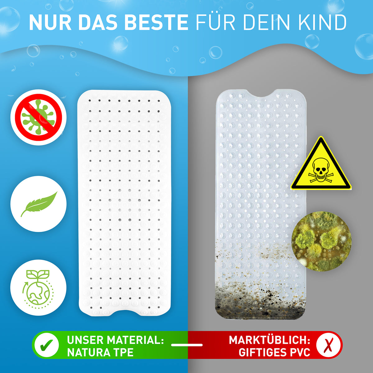Badewannenmatte - Weiß - 100 x 40 cm aus BPA-freiem TPE mit Antirutsch-Oberfläche, sicher und schimmelresistent, ohne PVC.
