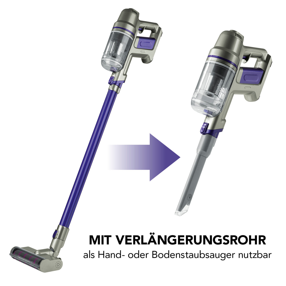 Ersatz-Akku für Akku-Zyklon-Staubsauger lila mit Verlängerungsrohr, nutzbar als Hand- oder Bodenstaubsauger MAXXMEE 25,9V