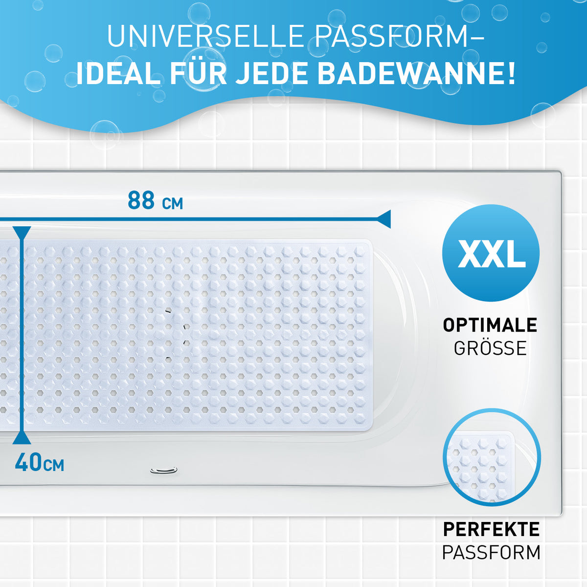Badewannenmatte 88 x 40 cm – Weiß mit rutschfester Oberfläche und Saugnäpfen für sicheren Halt in jeder Badewanne.