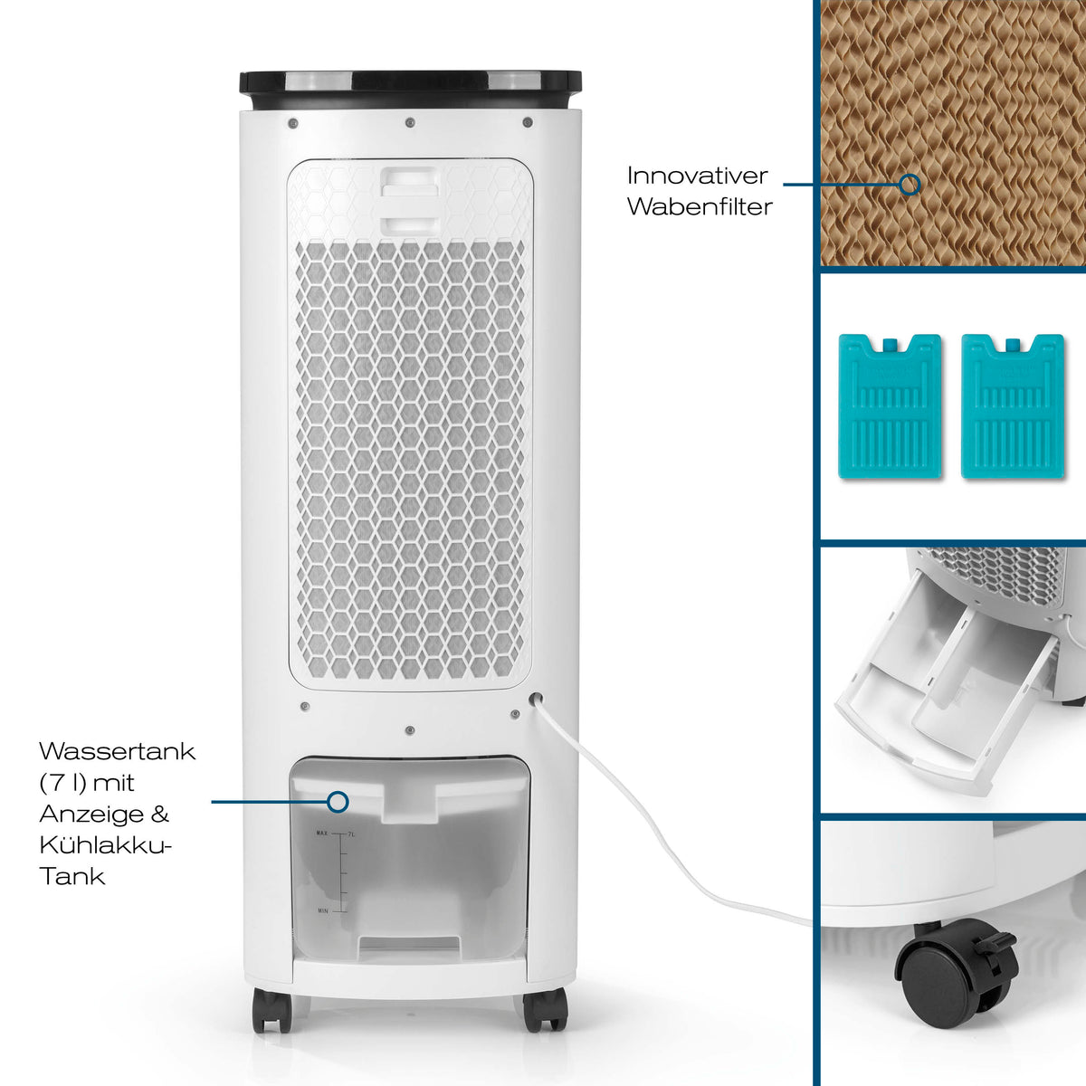 Luftkühler mit Peltier-Element mit innovativem Wabenfilter, 7L Wassertank, Kühlakkus und Rollen für flexible Nutzung.