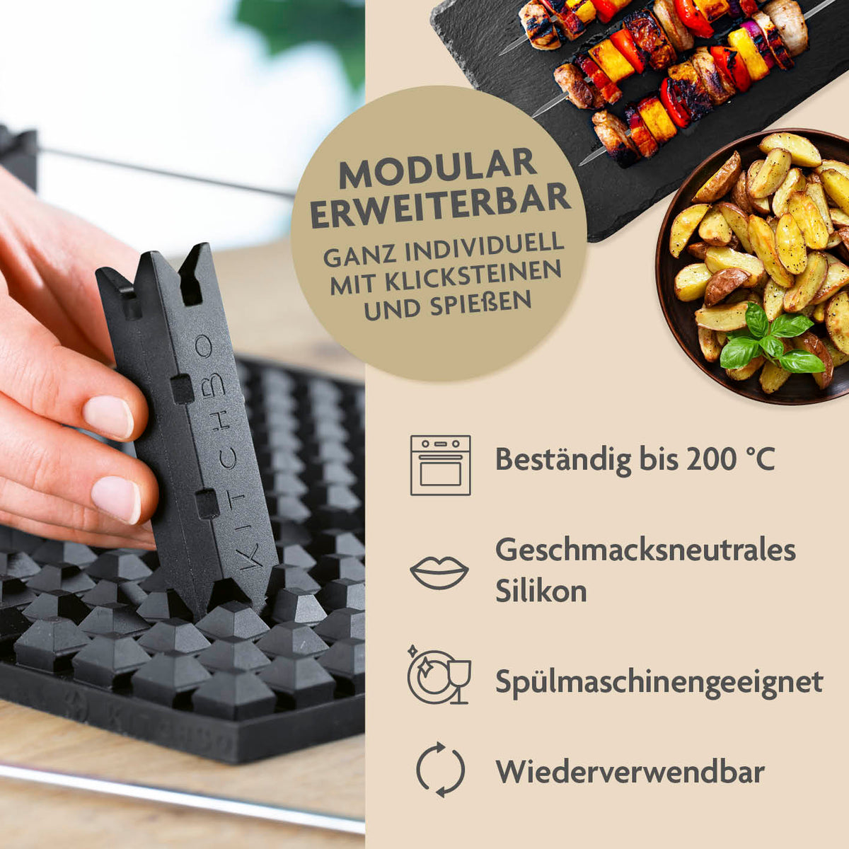 Starter Set - Silikon-Backmatte mit modularen Klicksteinen und Spießen, hitzebeständig, spülmaschinengeeignet und wiederverwendbar