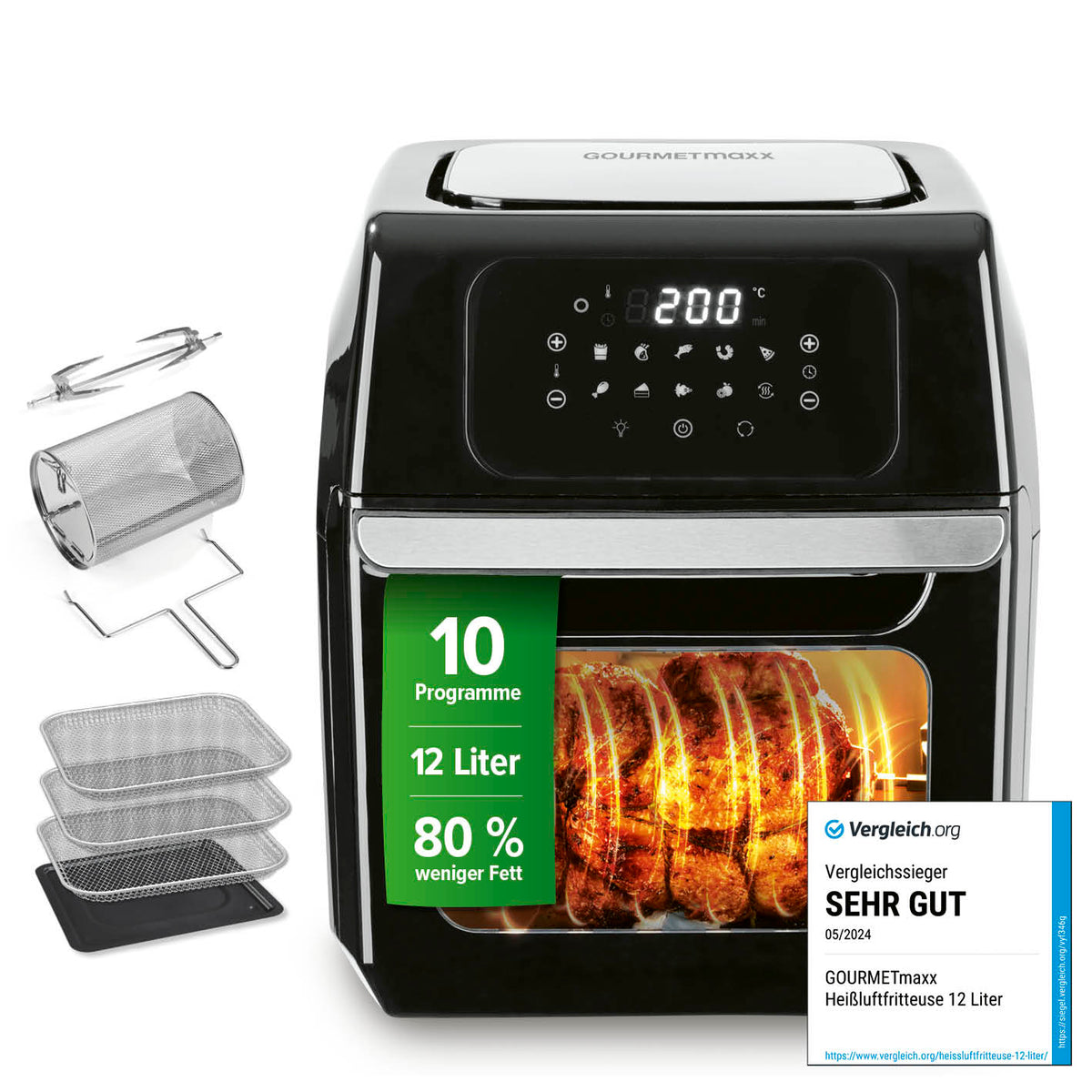 Digitale Heißluftfritteuse - 12 l - Schwarz mit 10 Programmen, 12 Liter Fassungsvermögen, fettarm und 200 °C Touchdisplay