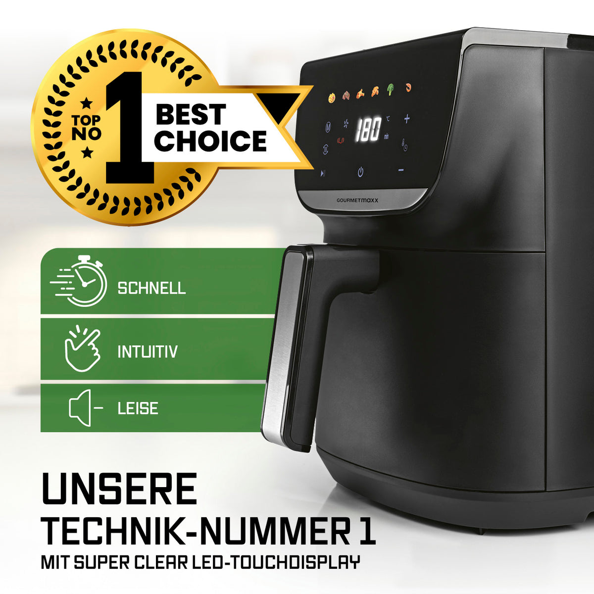 Heißluftfritteuse - 7,5 Liter mit 9,5 Zoll LED-Touchdisplay, 1700 Watt, fettarm, schnell, leise und intuitiv bedienbar.