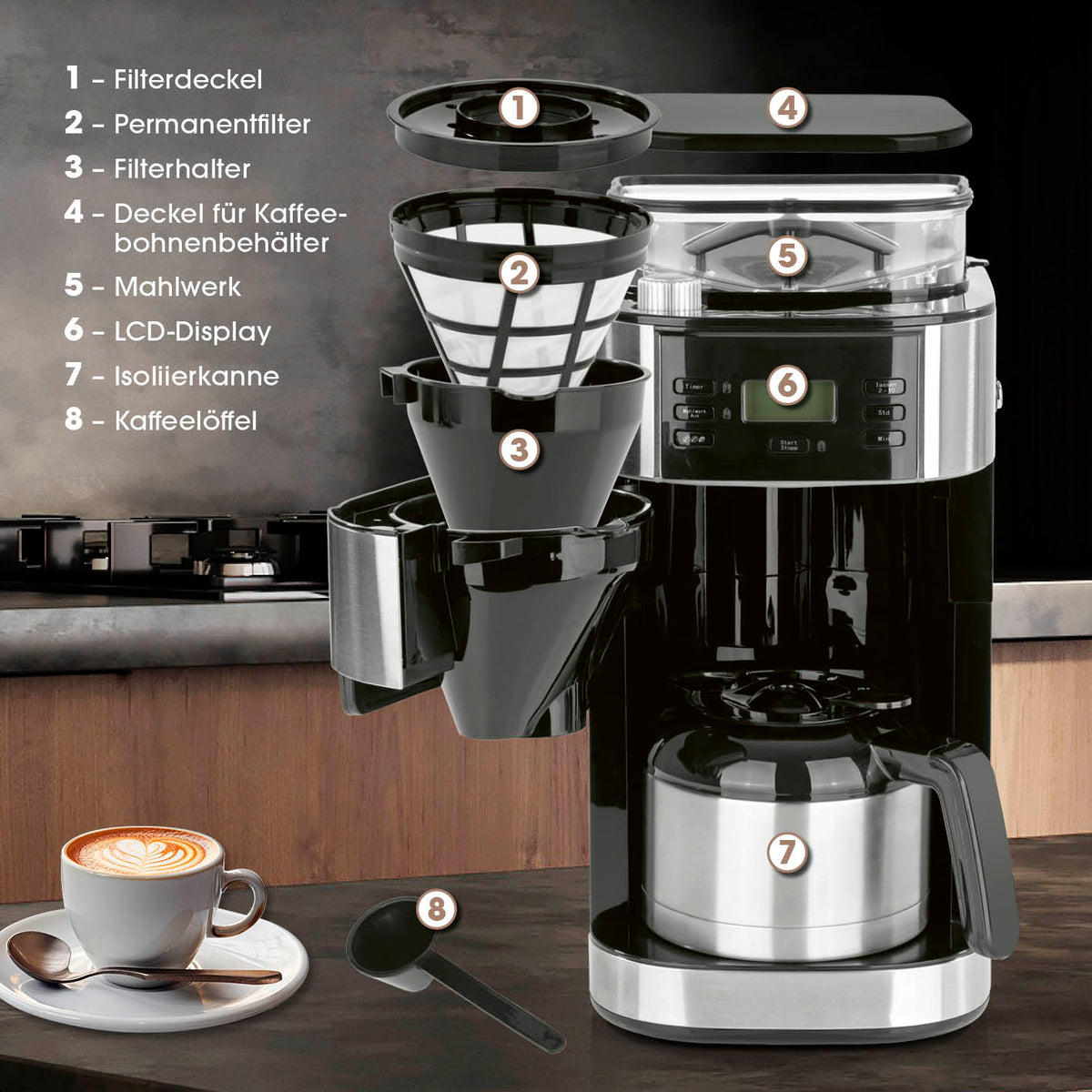 Kaffeemaschine mit Mahlwerk mit Isolierkanne - 1000 Watt - Edelstahl/schwarz mit LCD-Display und 24-Stunden-Timer.