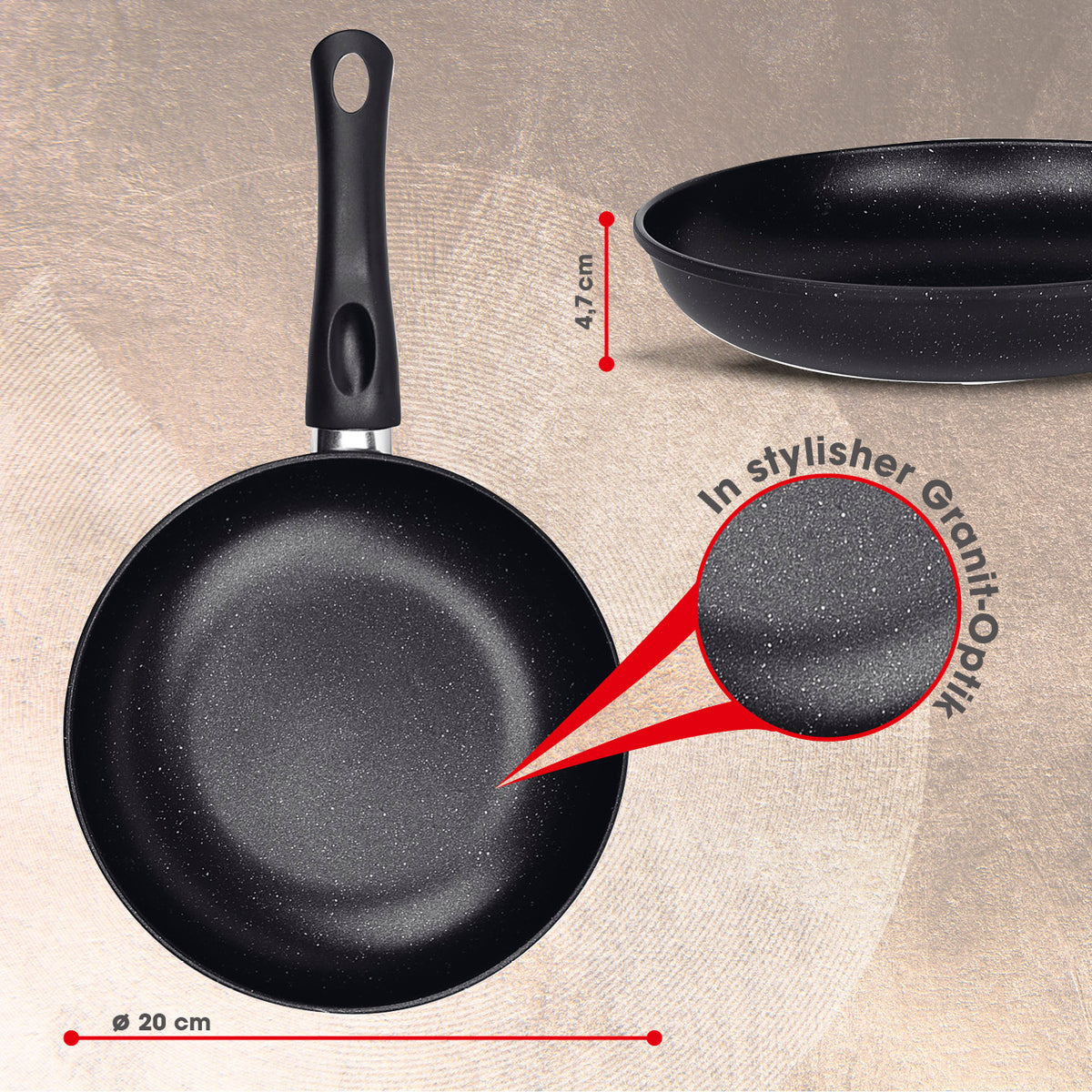 Karbonstahl-Bratpfanne Ø 20 cm mit 2-fach-Antihaftbeschichtung, stabilem Griff und stylisher Granit-Optik, passend für alle Herdarten.