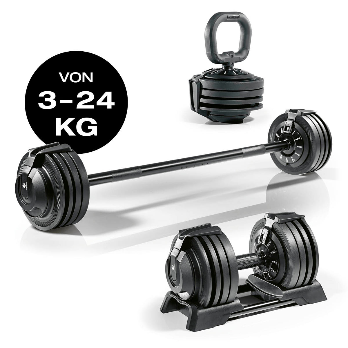 Multifunktionshantel von 3–24 kg, umbaubar als Kettlebell, Kurz- und Langhantel für vielseitiges Home-Workout by FitEngine.
