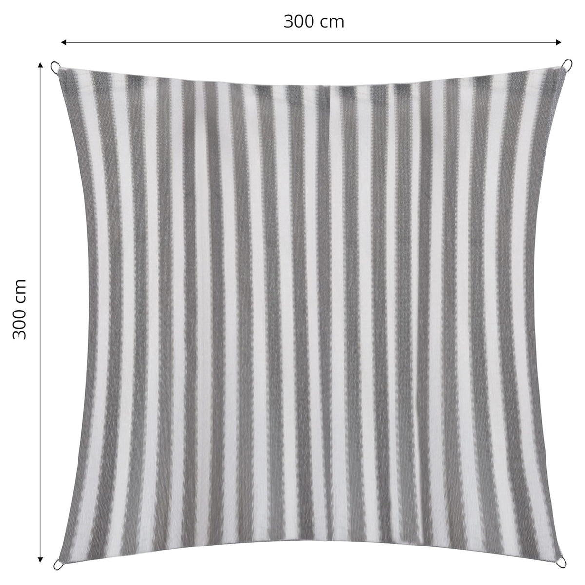 Sonnensegel 100% HDPE mit Stabilisator für UV-Schutz - Quadrat 3 x 3 Meter - Grau/Weiß mit Befestigungsringen und Streifenmuster.