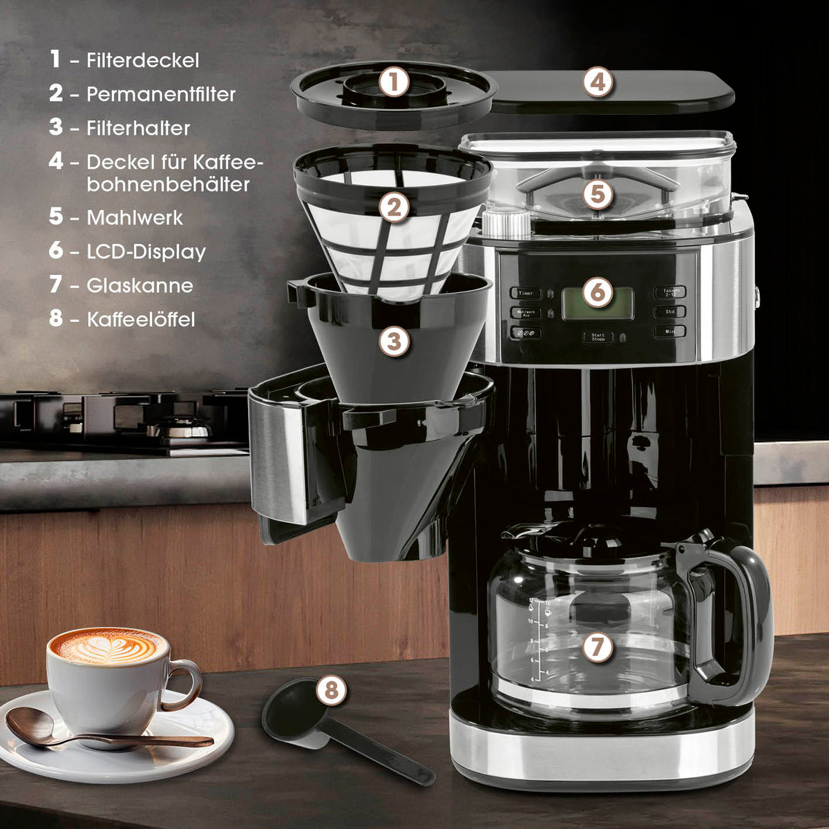 Kaffeemaschine mit Mahlwerk mit digitalem LCD-Display, Glaskanne für 12 Tassen, Permanentfilter und 24-Stunden-Timer.