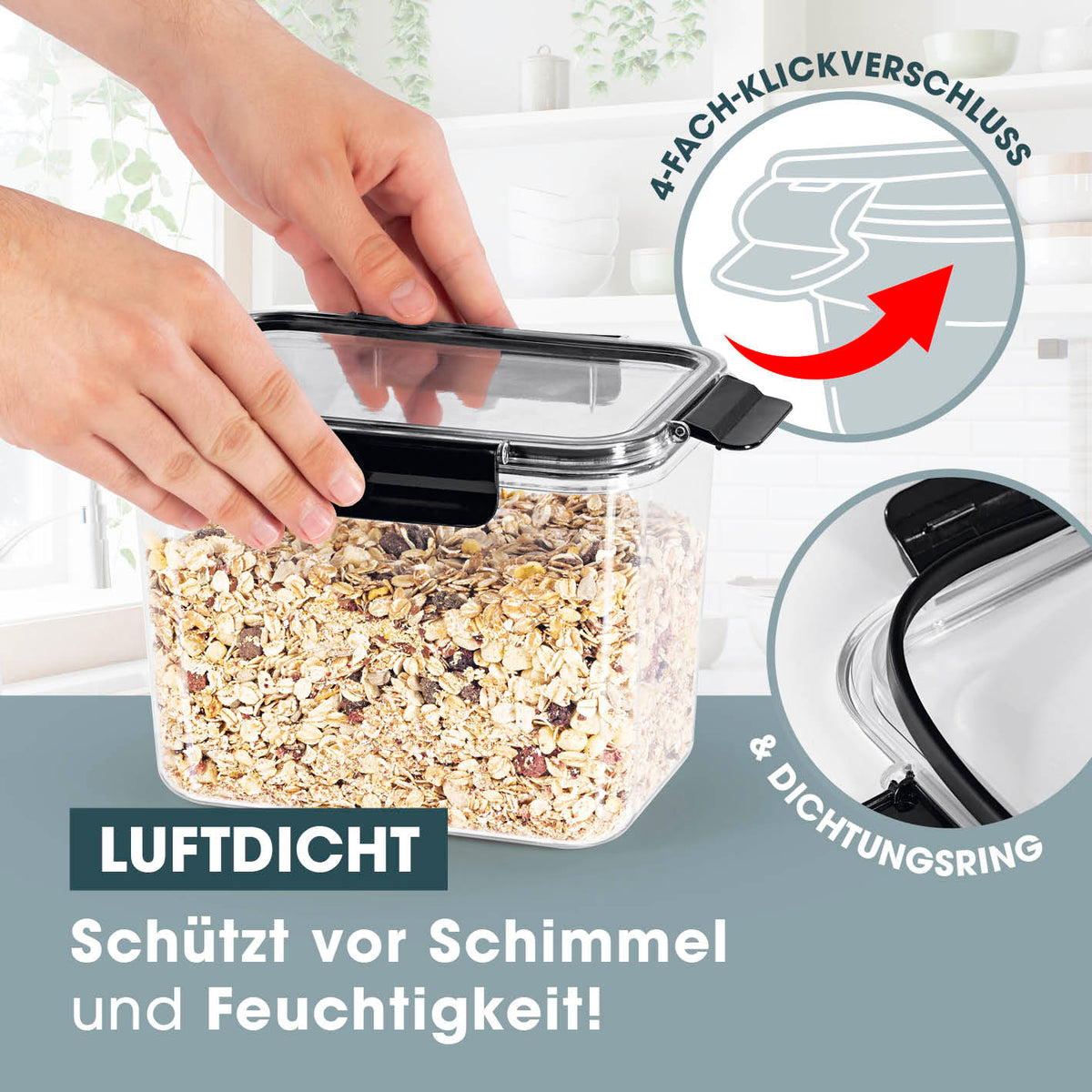 Frischhaltedosen Klick-it - 10-tlg. - Schwarz mit 4-fach-Klickverschluss und Dichtungsring, luftdicht und stapelbar.