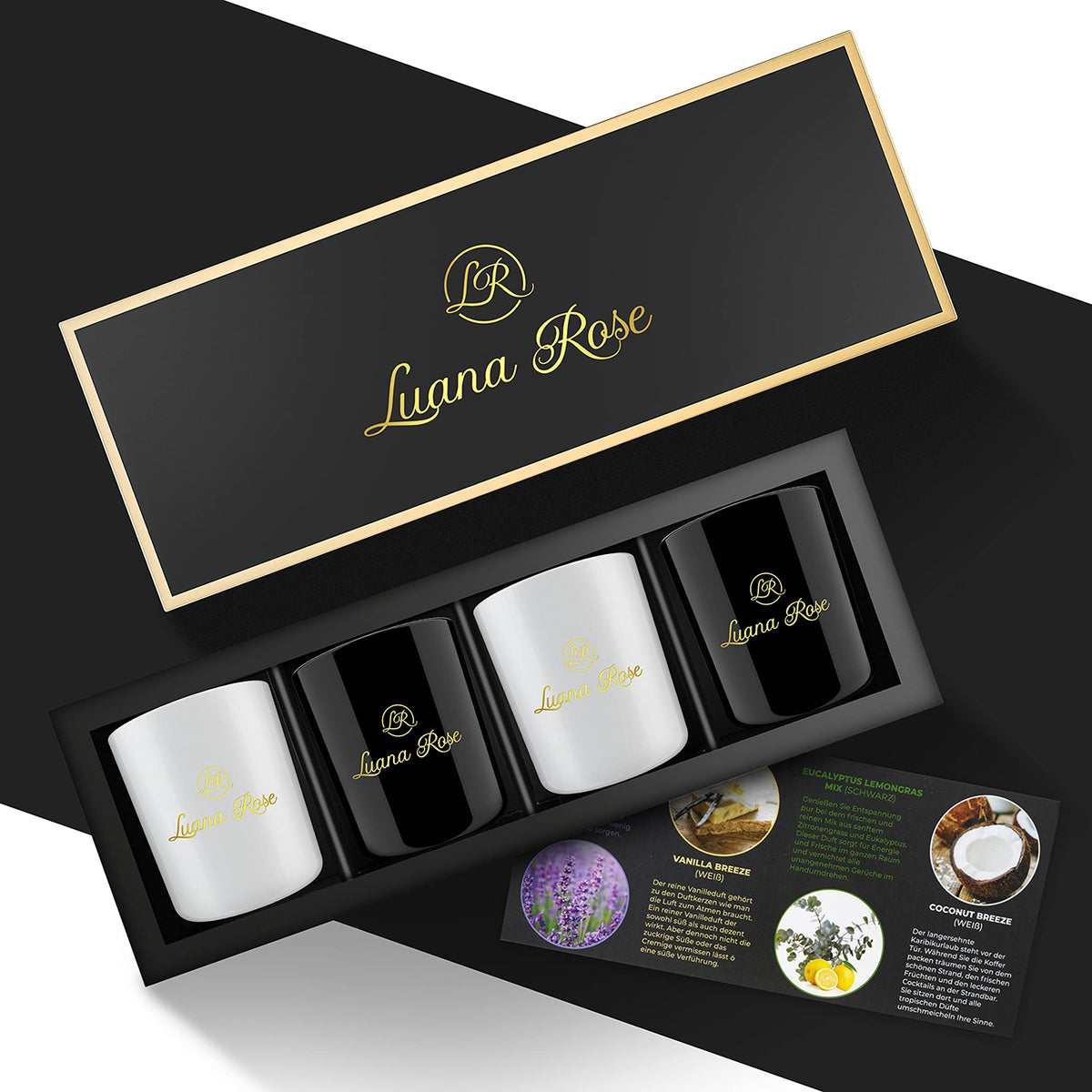 Duftkerzen Geschenkset - 4er-Set mit eleganten Luana Rose Kerzengläsern in Geschenkbox, 100% Sojawachs, 40 Std. Brenndauer.