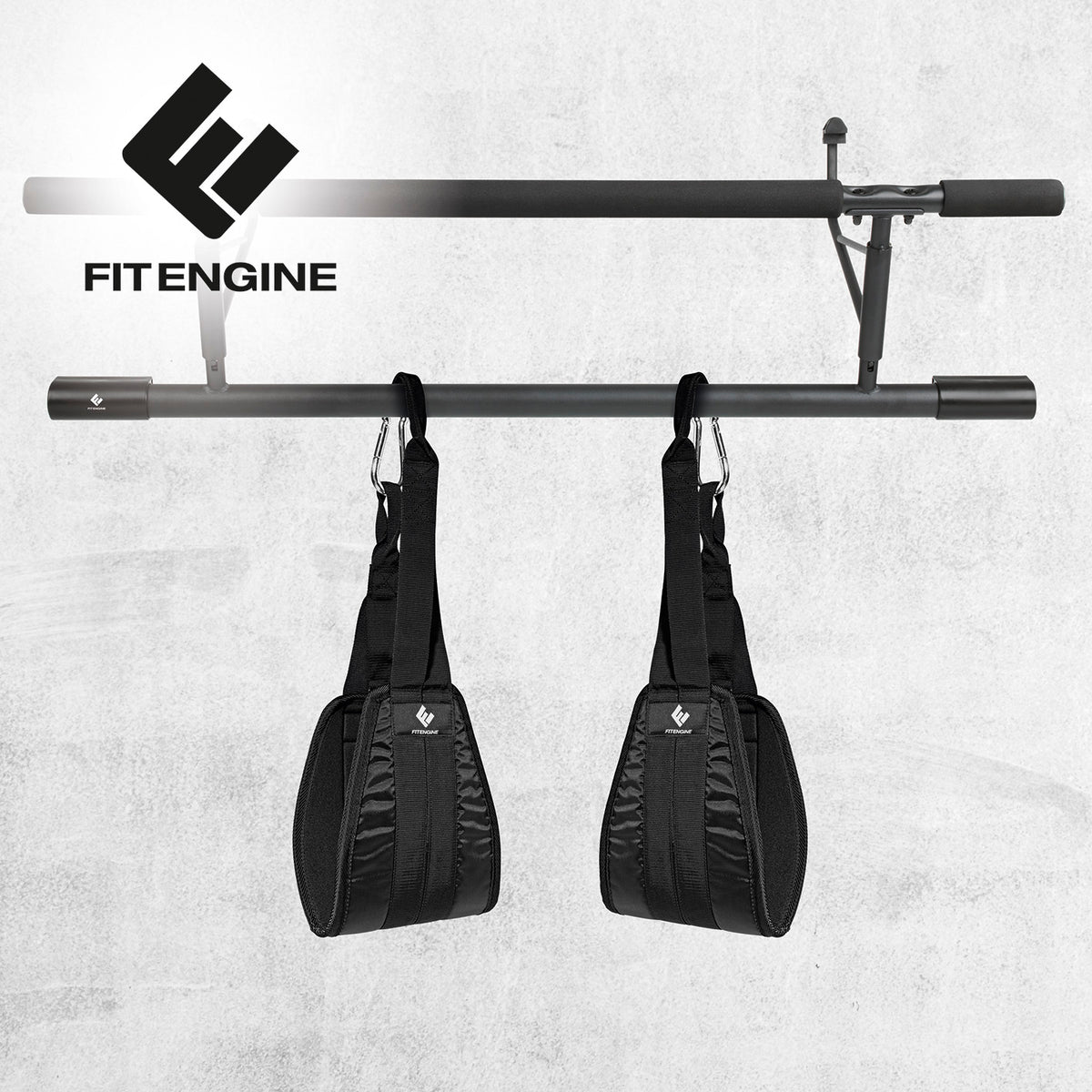 Bauchtrainingsschlaufen mit Karabinerhaken zum gezielten Sixpack-Training, gepolstert, bis 150 kg belastbar, einfache Anbringung am Reck.