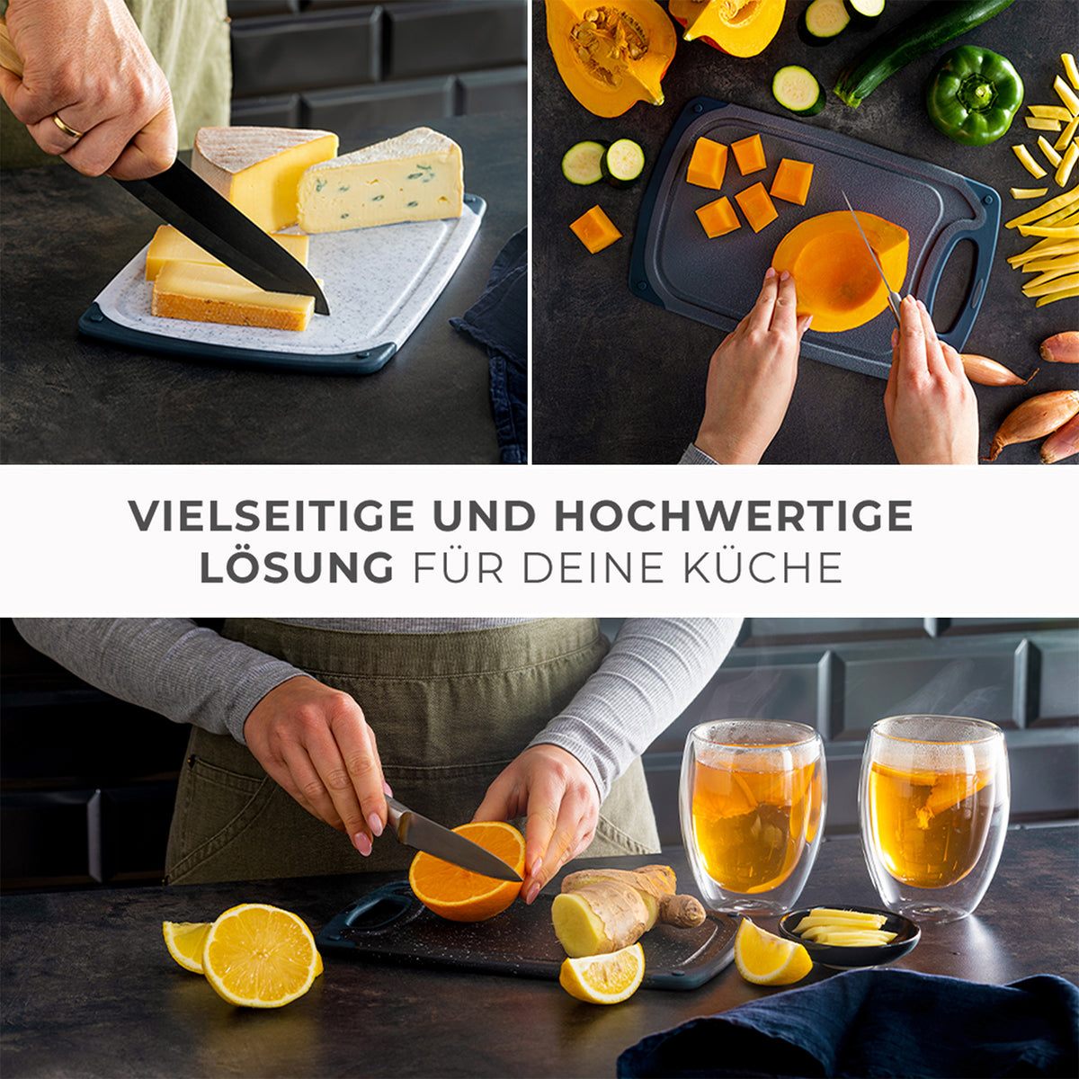Frühstücksbrettchen - 6er-Set - Grau, vielseitige, rutschfeste Kunststoffbretter zum Schneiden, Servieren und Frühstücken, spülmaschinenfest.