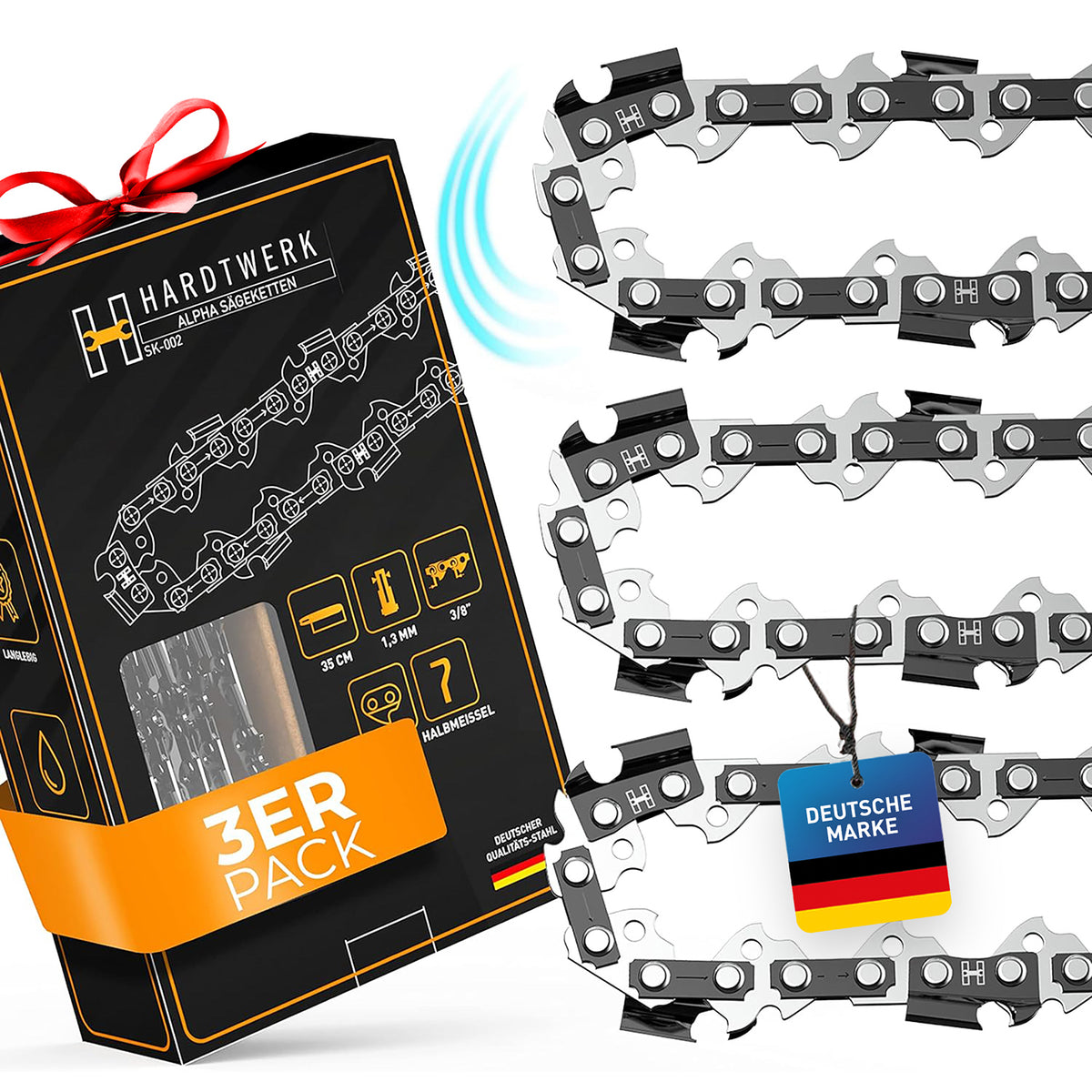 Sägeketten 3/8" 1,3mm für 35cm Schwert - 3er Pack mit hartverchromten Zähnen und deutscher Markenqualität für präzisen Schnitt.