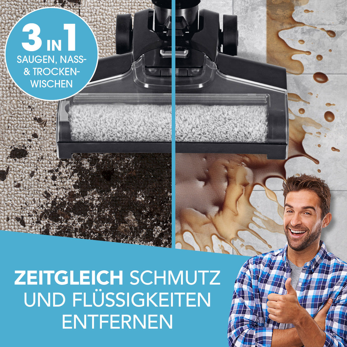 Multi-Bodenreiniger von CLEANmaxx saugt und wischt Teppiche und Hartböden nass und trocken in einem Arbeitsgang.